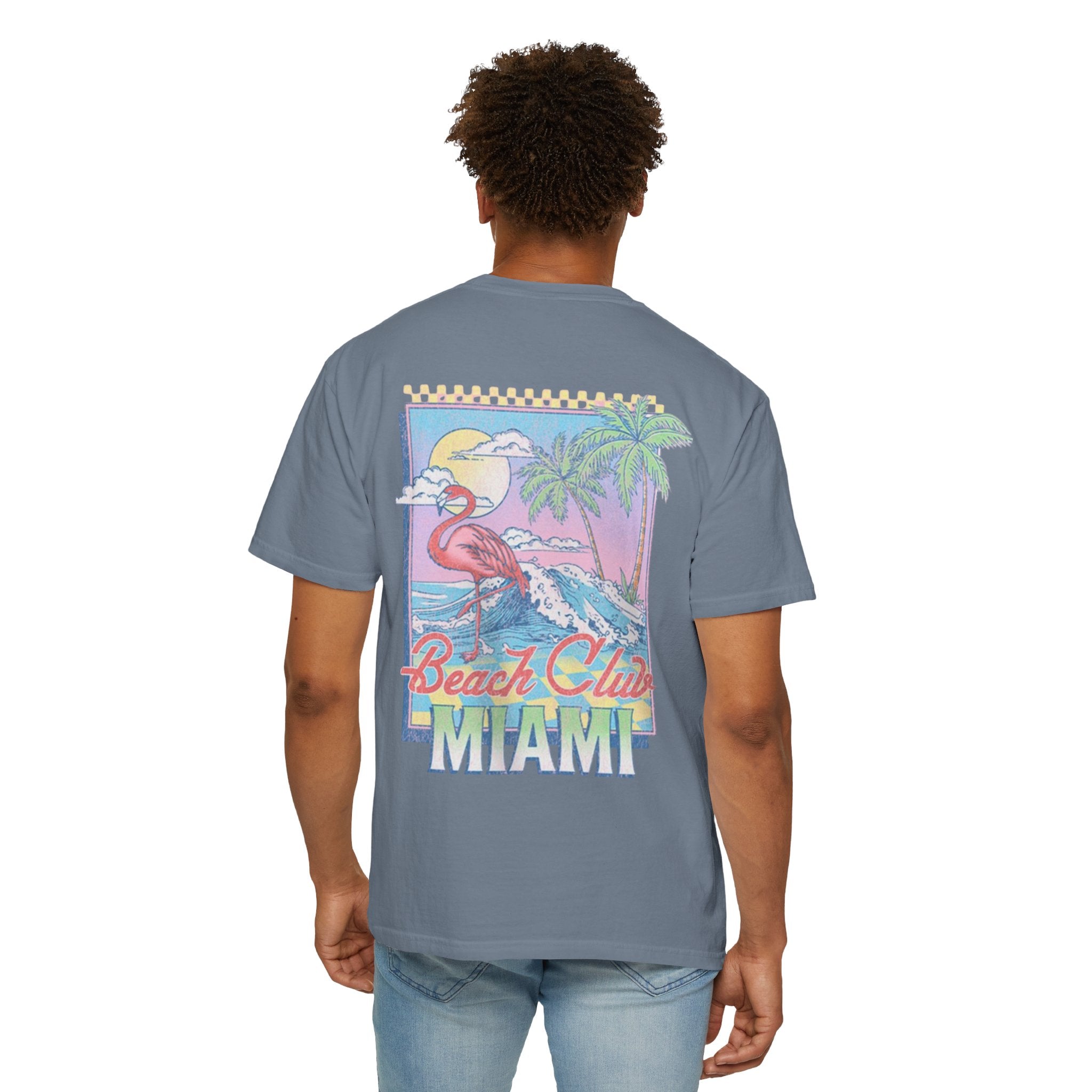 Miami Beach Club T‑Shirt — Retro Flamingo Tropical Floral Graphic Tee