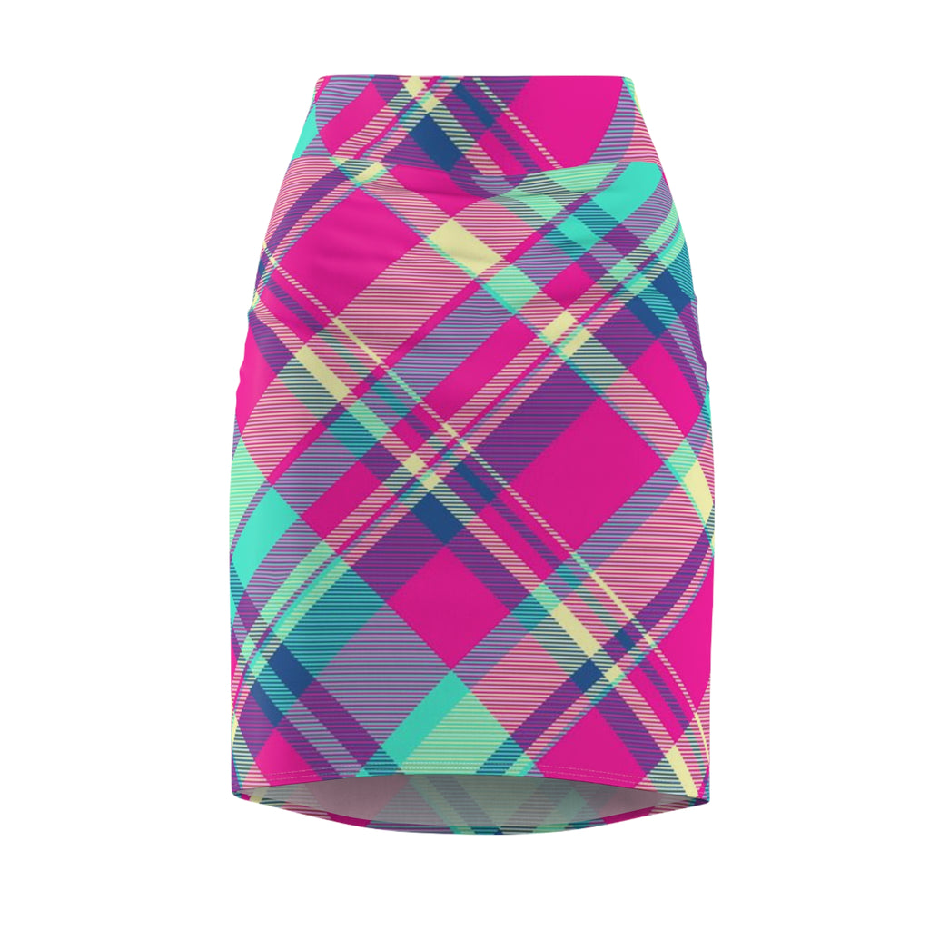 Pink Teal Plaid Pencil Skirt — Bright Plaid All-Over Print