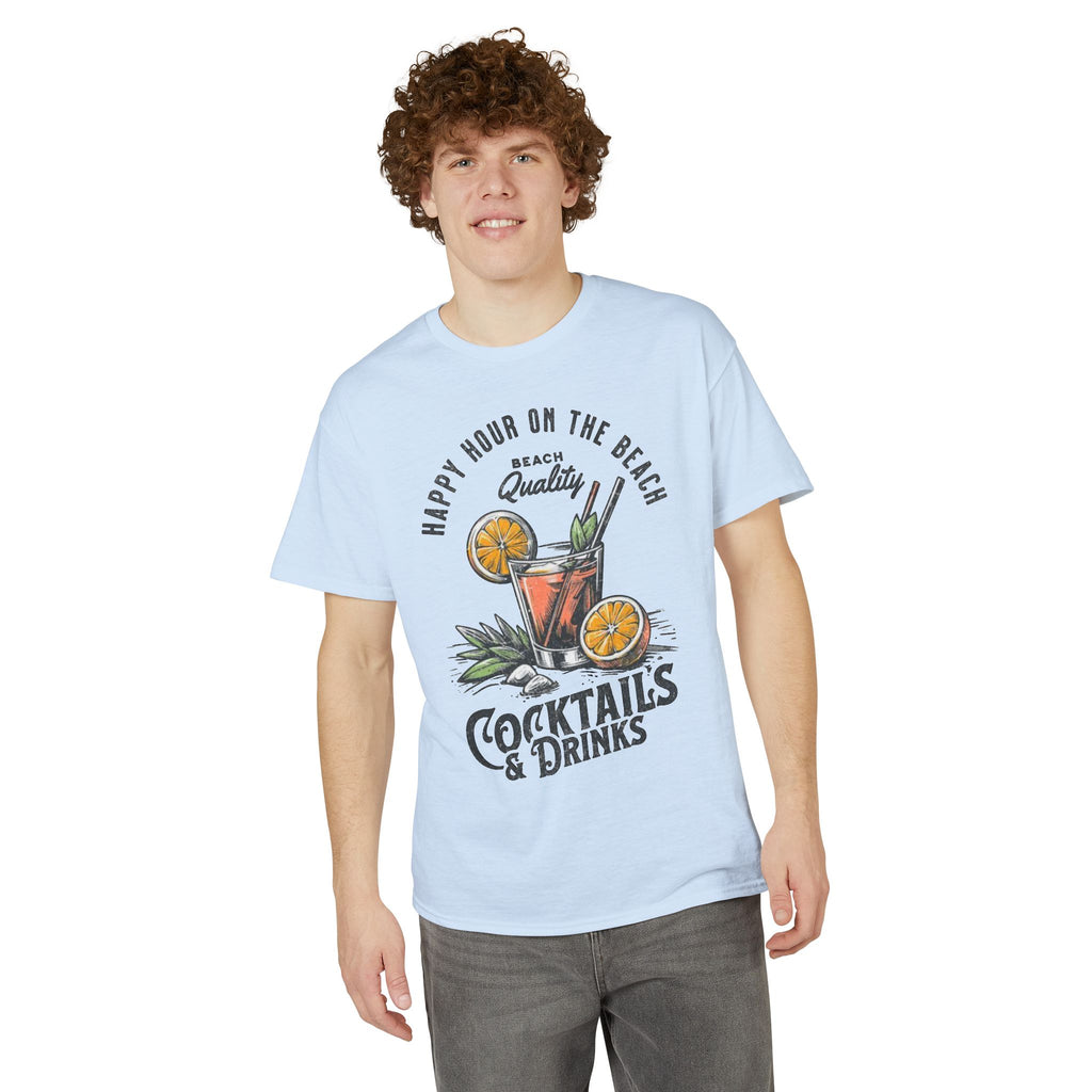 Cocktails & Drinks Beach T-Shirt — “Happy Hour on the Beach” Tropical Cocktail Tee
