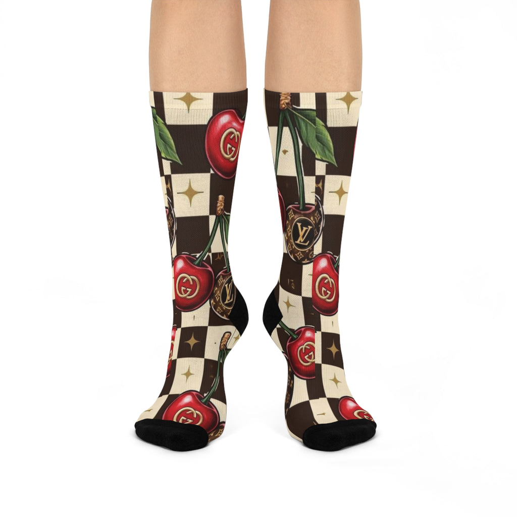 Cherry Logo Checkered Crew Socks — Designer-Inspired Cushion Crew for Fashion Lovers