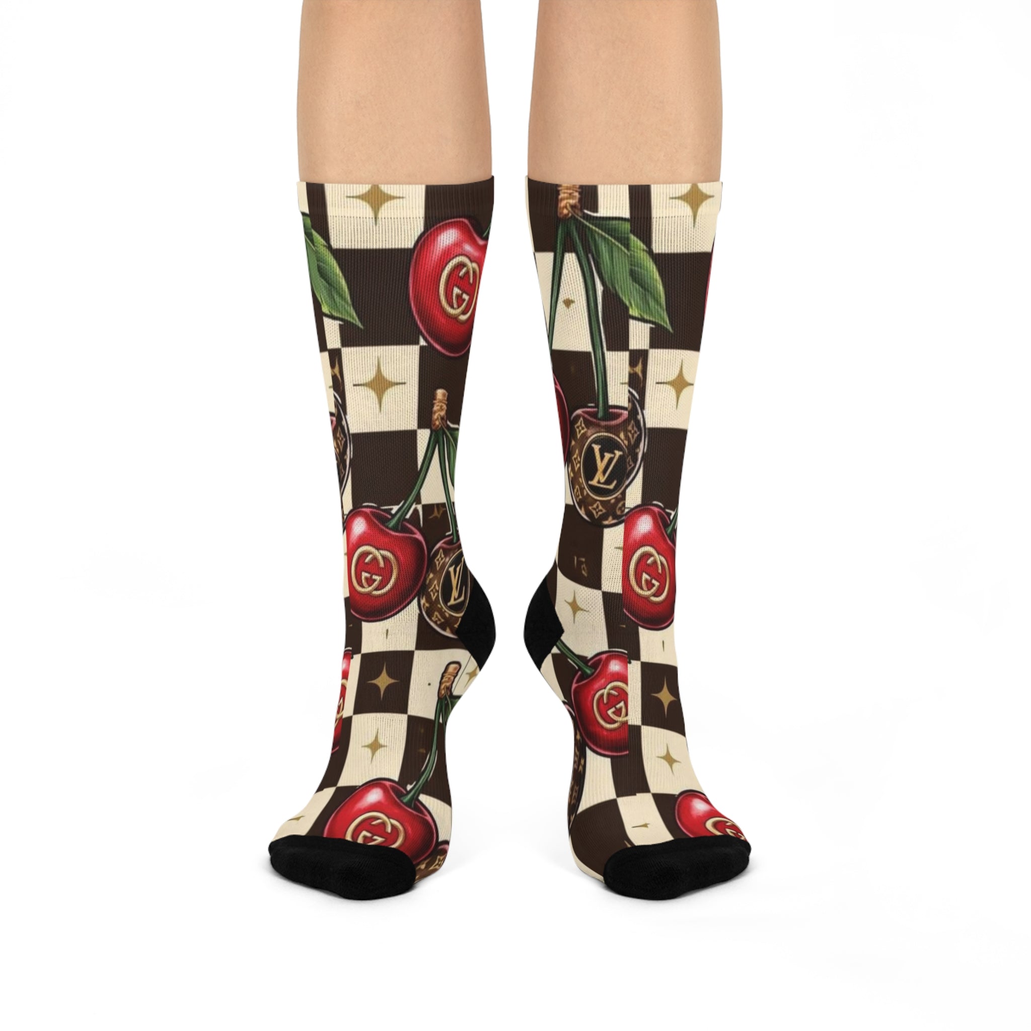 Cherry Logo Checkered Crew Socks — Designer-Inspired Cushion Crew for Fashion Lovers