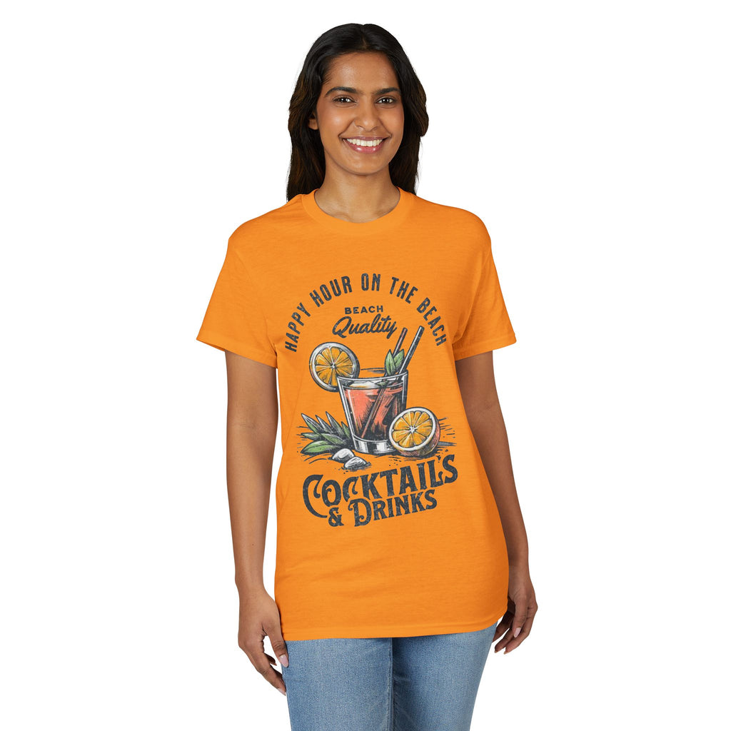 Cocktails & Drinks Beach T-Shirt — “Happy Hour on the Beach” Tropical Cocktail Tee