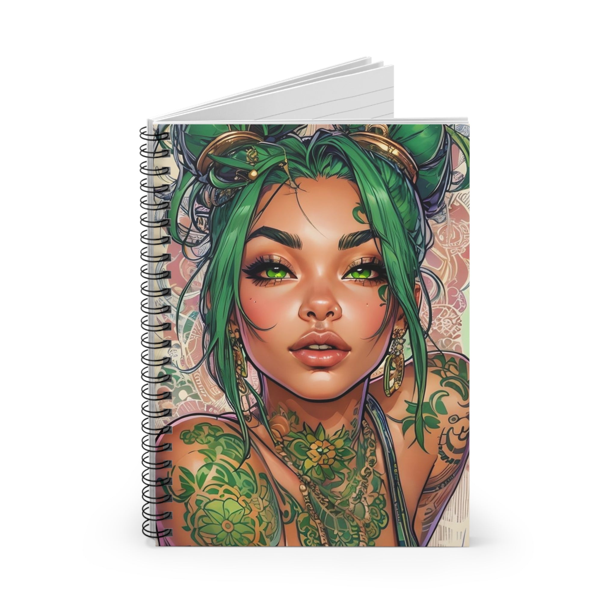 Green Tattooed Girl Spiral Notebook — Anime-Style Ruled Journal