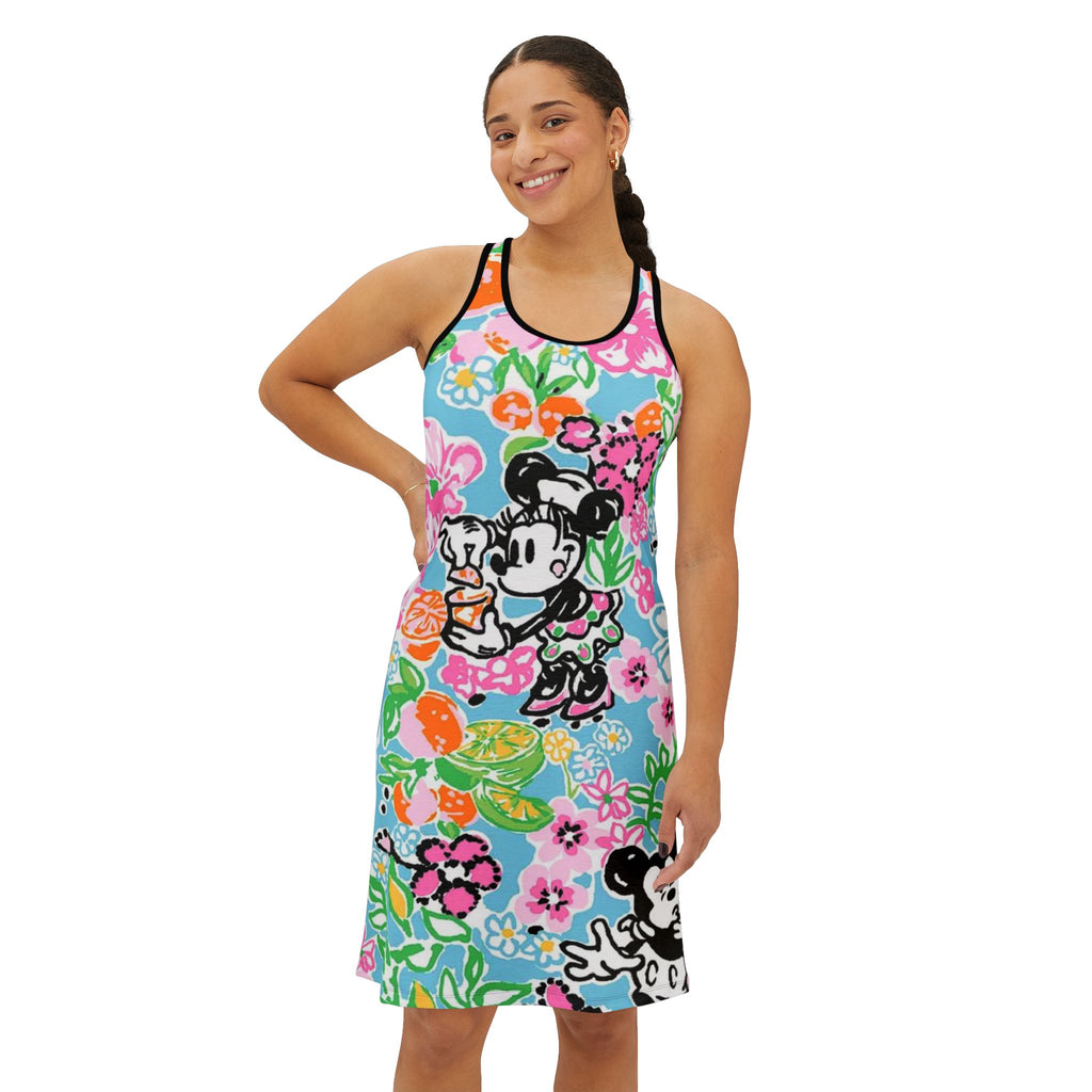 Floral Vintage Cartoon Racerback Dress — Retro Mickey & Minnie All-Over Print