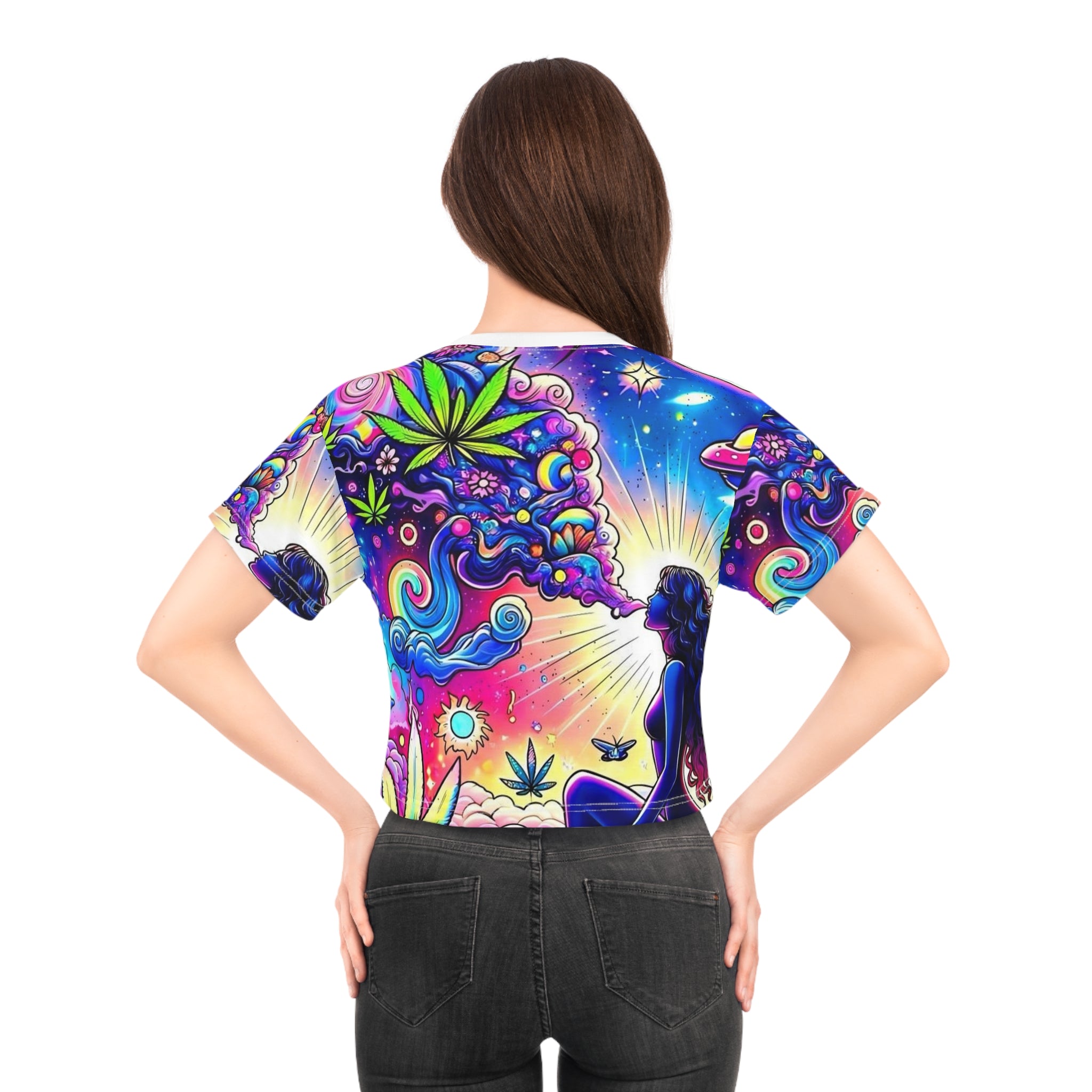 Psychedelic Cannabis Crop Tee — Colorful Trippy Goddess All-Over Print