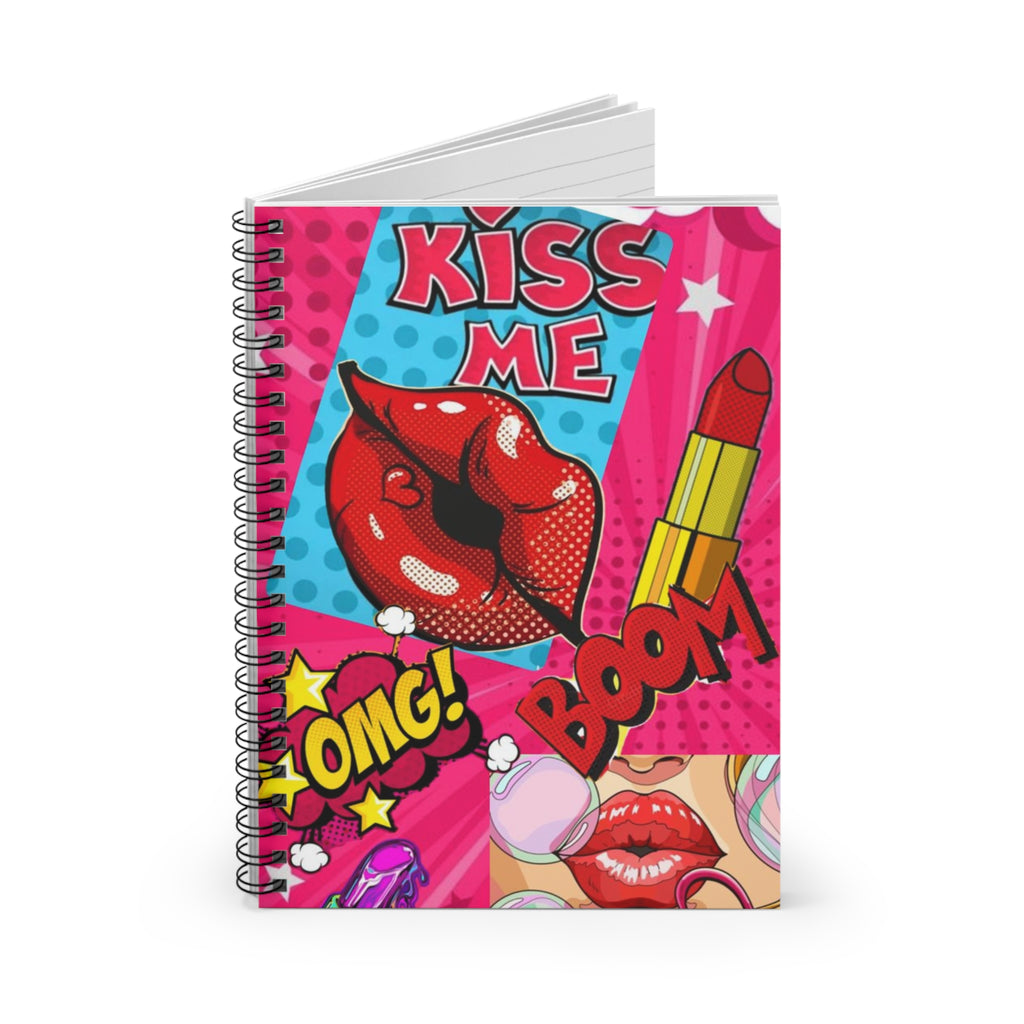 Pop Art 'Kiss Me' Spiral Notebook — Lipstick & Comic Graphic Ruled Journal