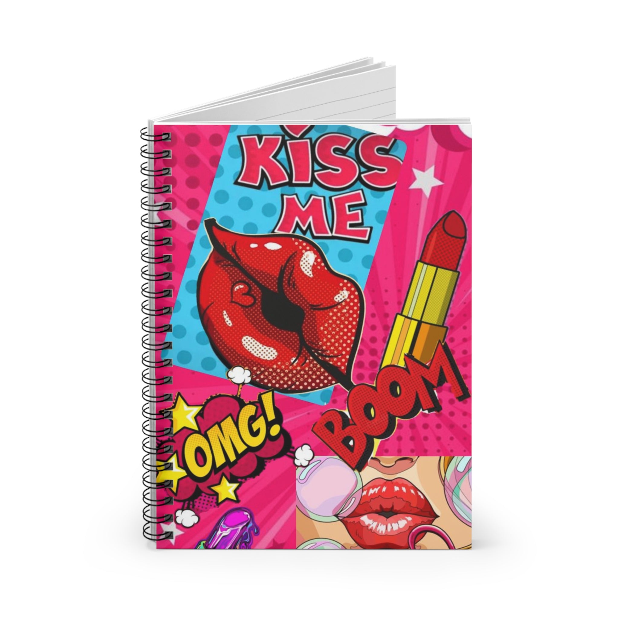 Pop Art 'Kiss Me' Spiral Notebook — Lipstick & Comic Graphic Ruled Journal