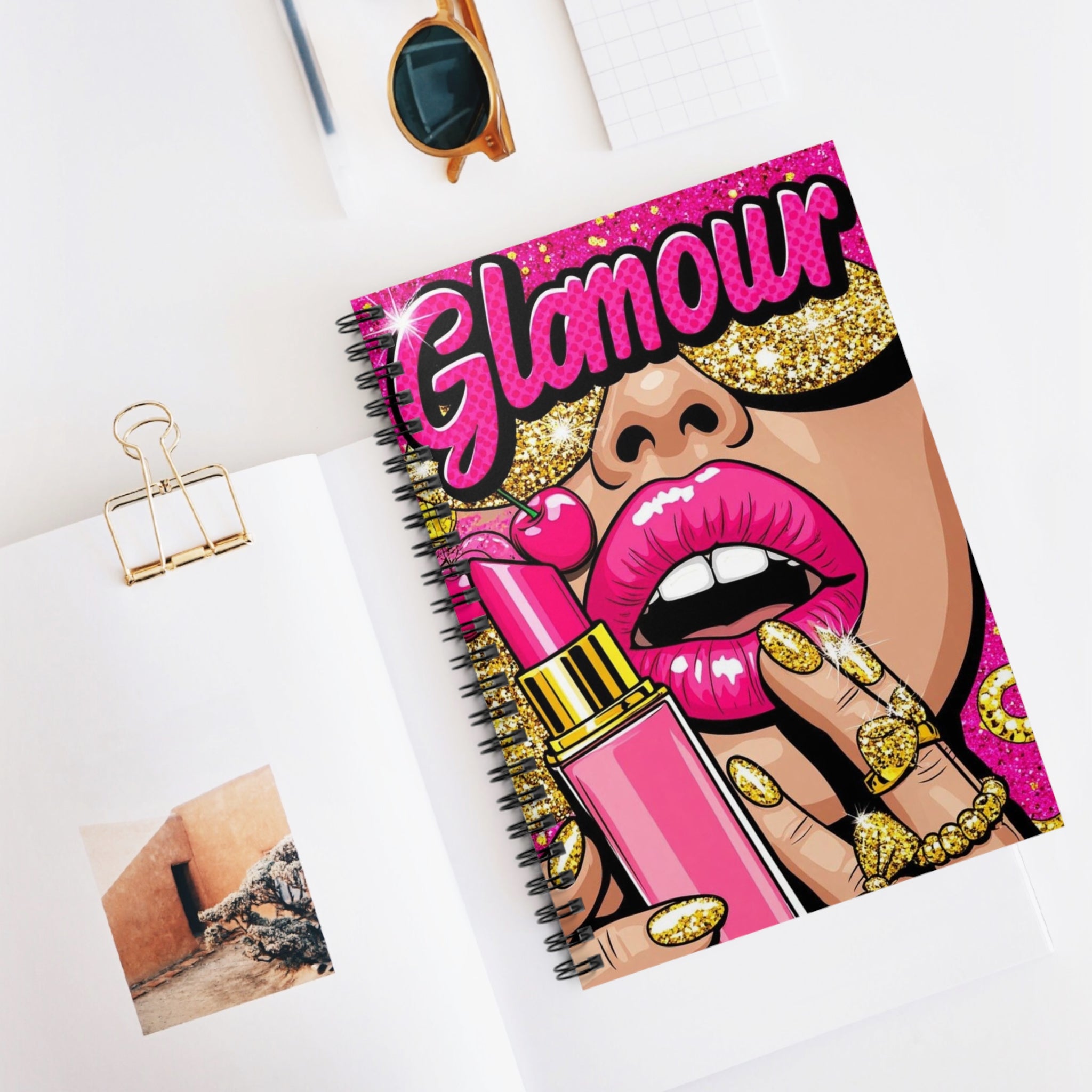 Glamour Pop Art Spiral Notebook — Pink Lipstick & Gold Glitter Journal