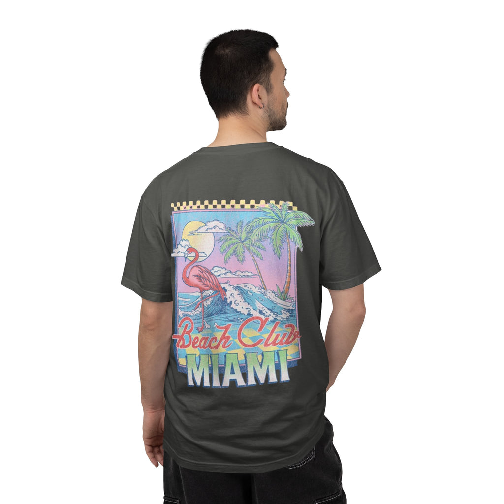Miami Beach Club T‑Shirt — Retro Flamingo Tropical Floral Graphic Tee