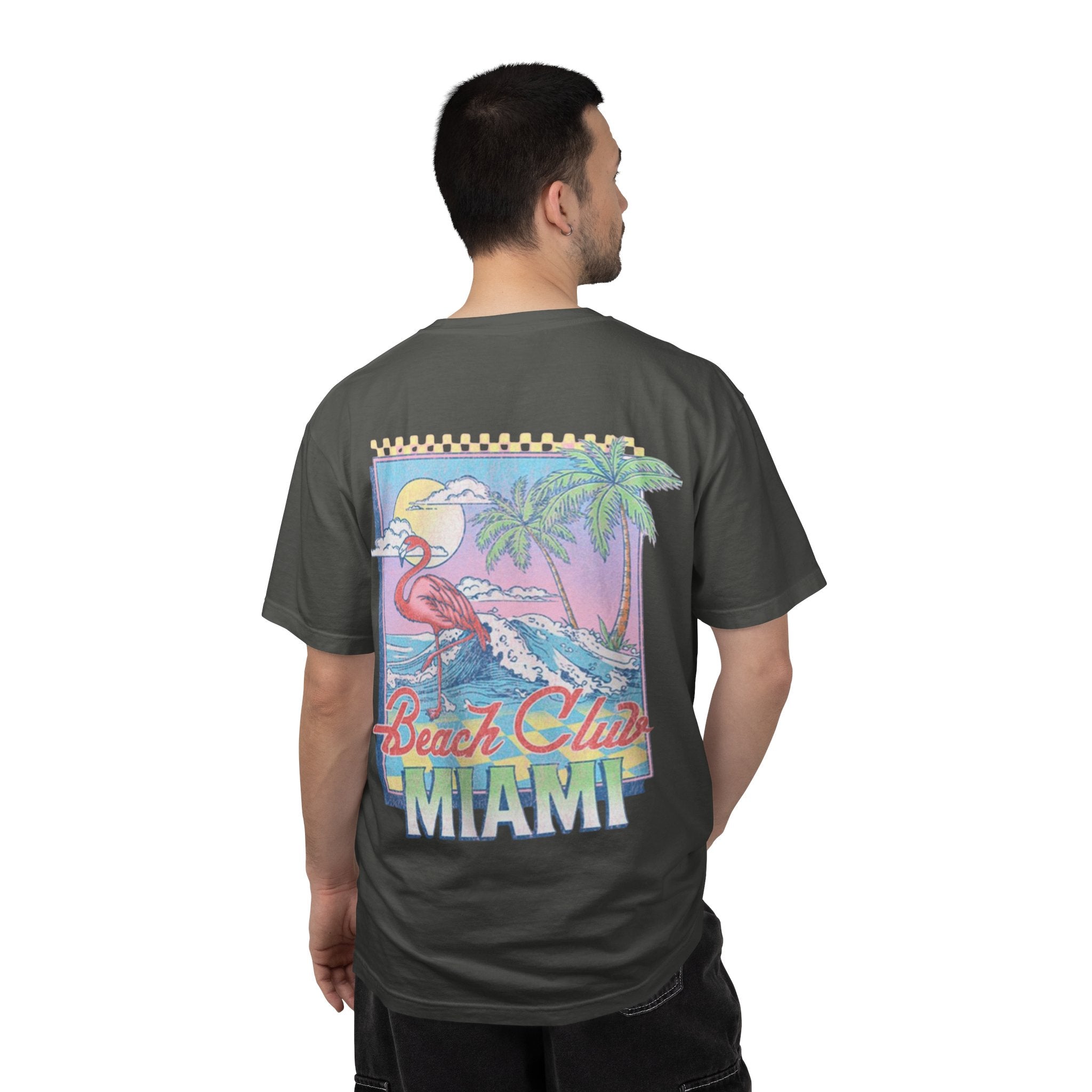 Miami Beach Club T‑Shirt — Retro Flamingo Tropical Floral Graphic Tee