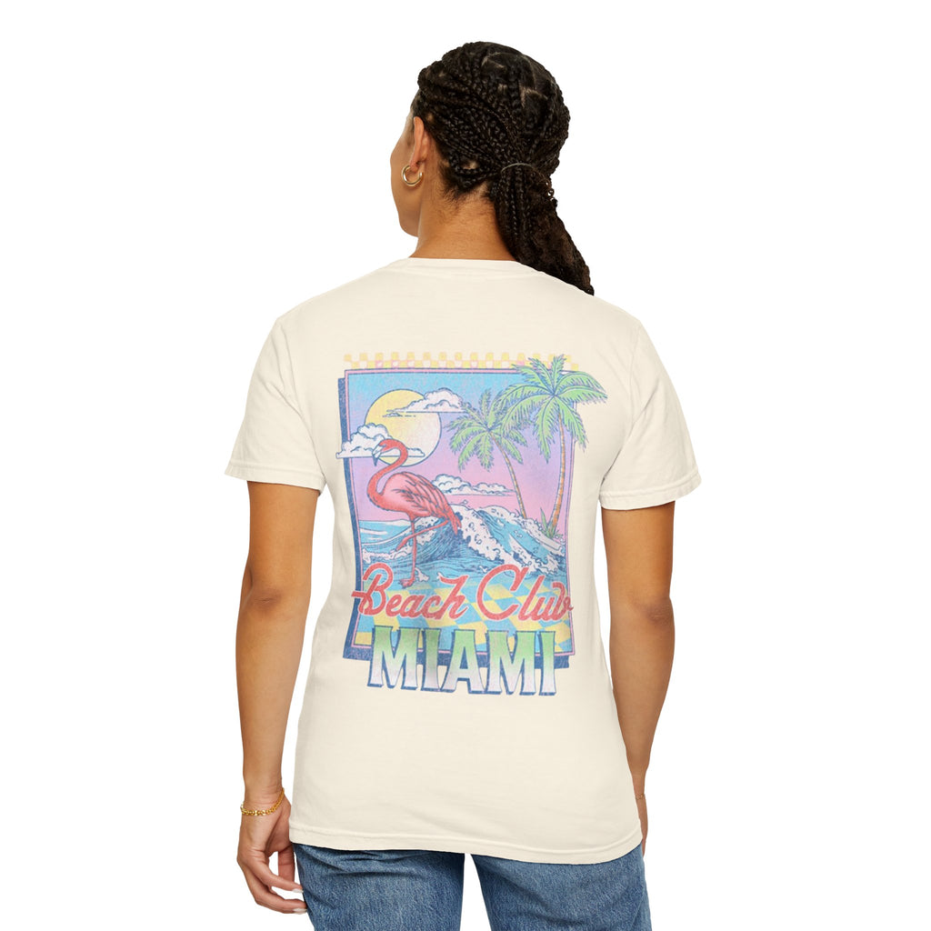 Miami Beach Club T‑Shirt — Retro Flamingo Tropical Floral Graphic Tee