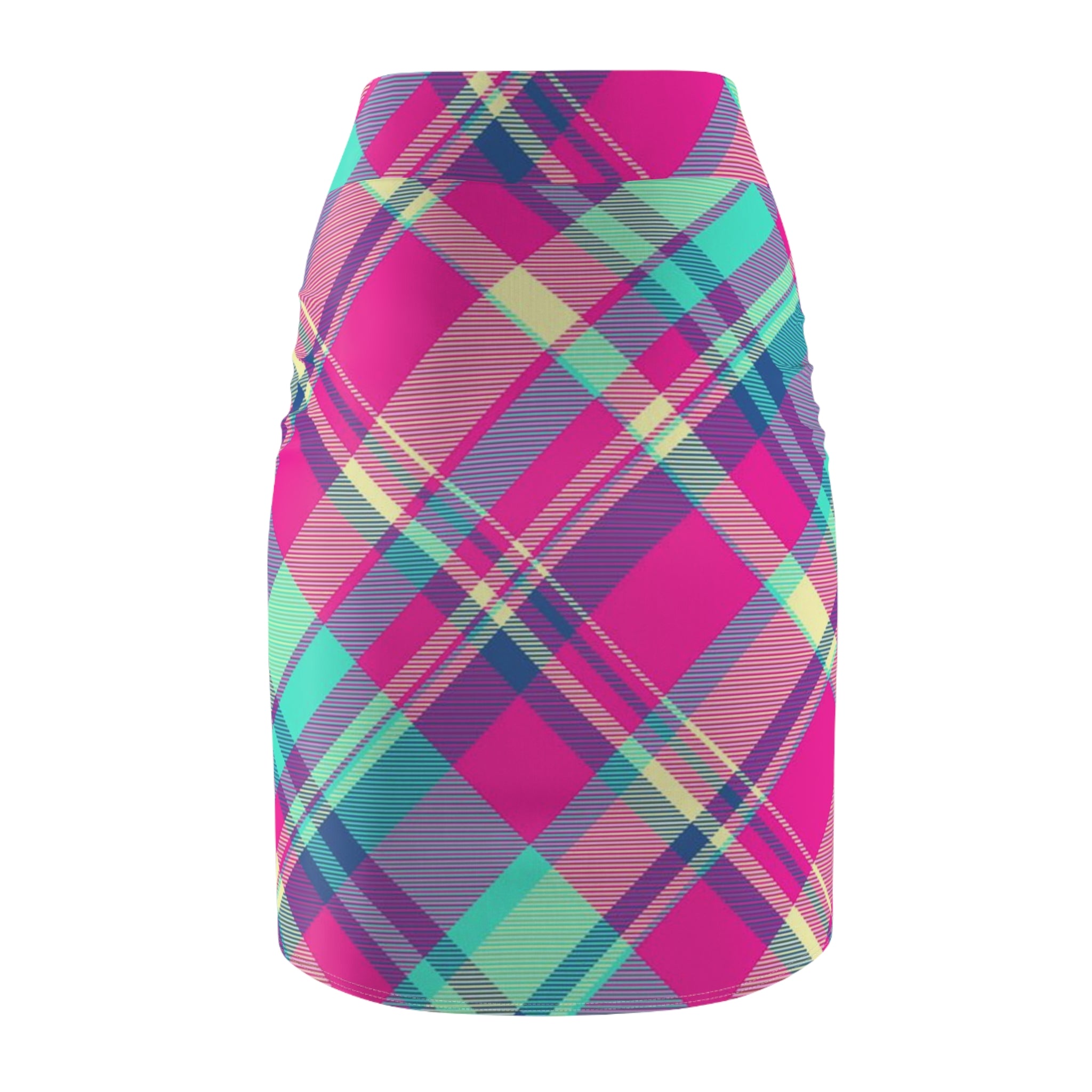 Pink Teal Plaid Pencil Skirt — Bright Plaid All-Over Print