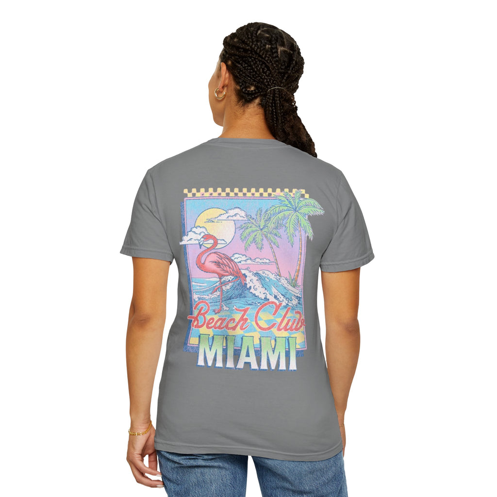 Miami Beach Club T‑Shirt — Retro Flamingo Tropical Floral Graphic Tee