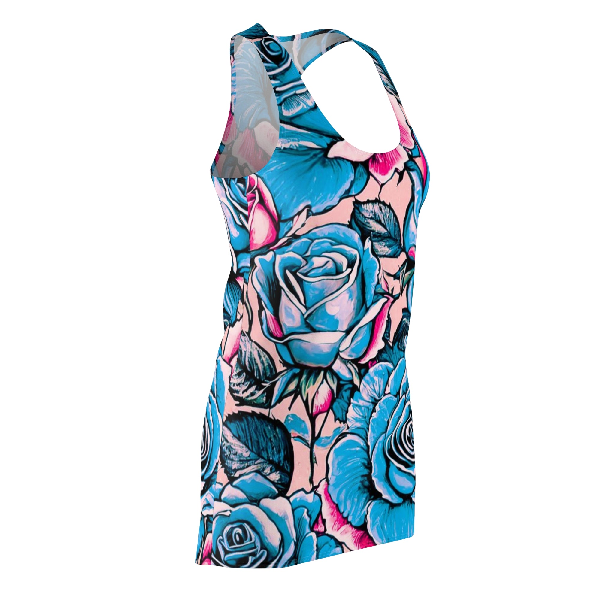 Blue Rose All-Over Print Racerback Dress — Floral Tattoo Style Sundress