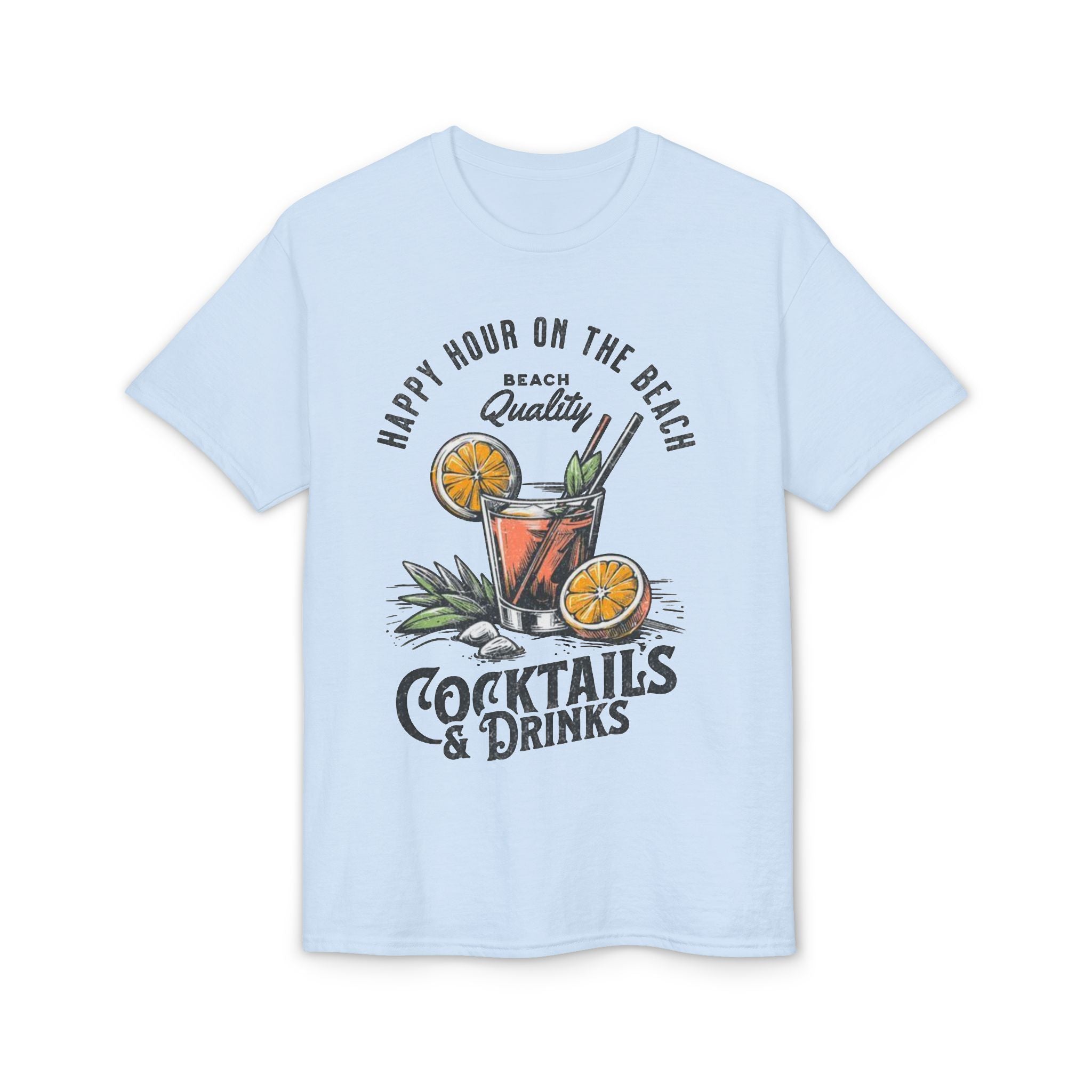 Cocktails & Drinks Beach T-Shirt — “Happy Hour on the Beach” Tropical Cocktail Tee