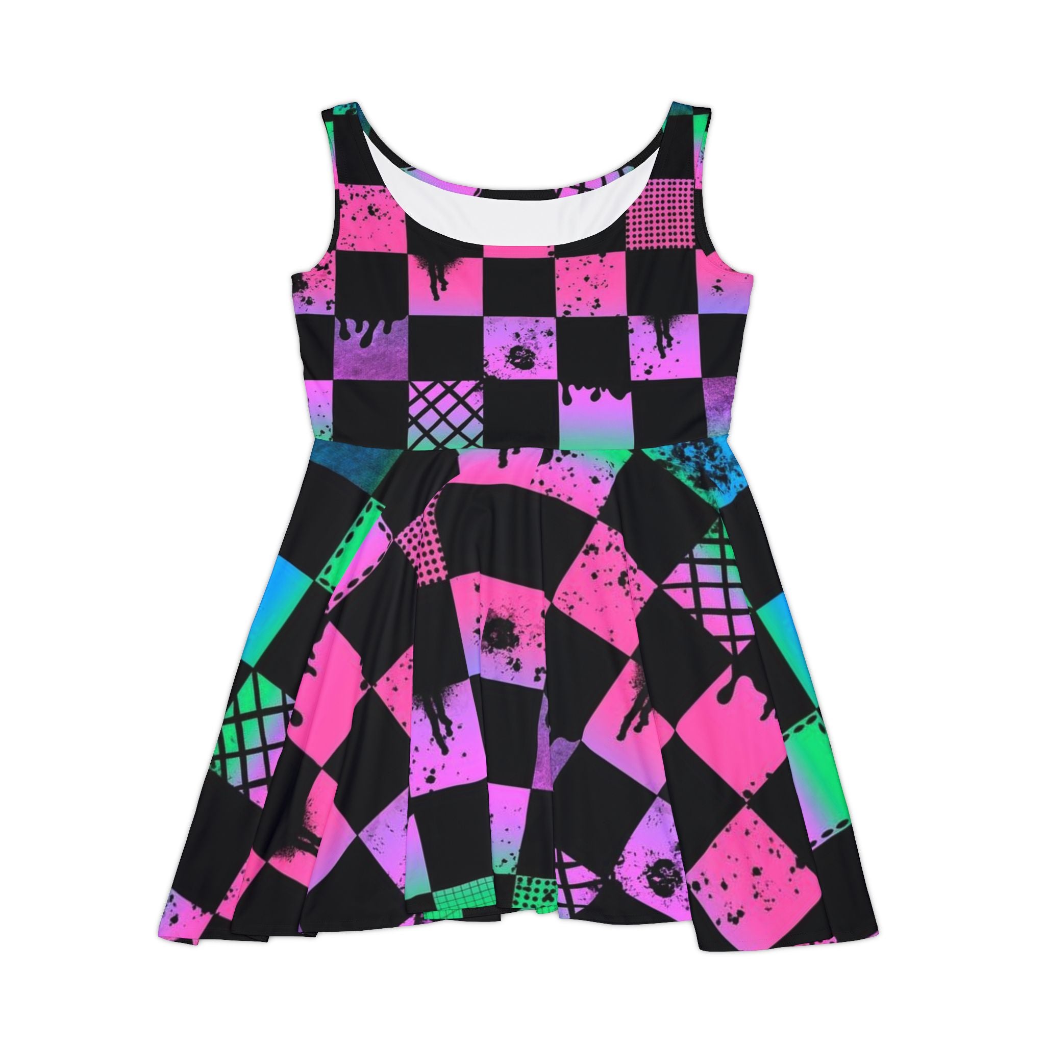 Neon Checkerboard Skater Dress — Retro 90s Punk AOP Dress