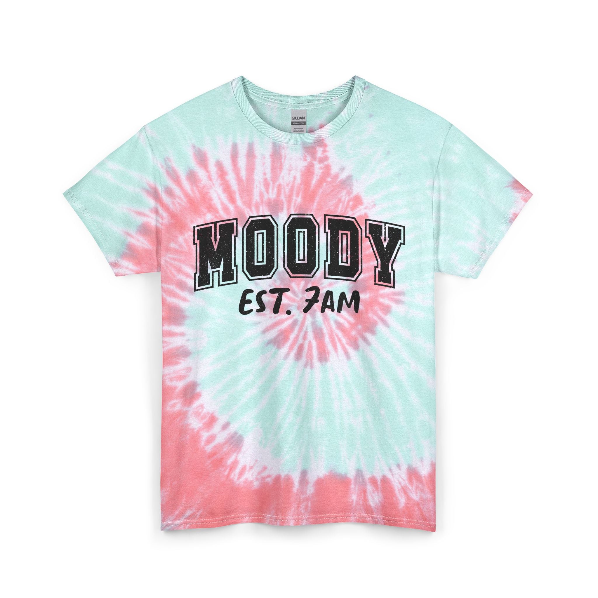Moody Est. 7AM Tie-Dye Tee — Blue Spiral Graphic T-Shirt