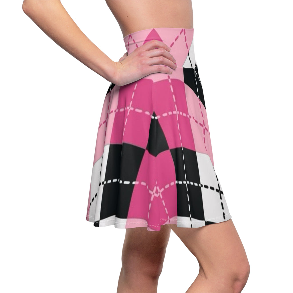 Pink Argyle Skater Skirt — Retro Plaid AOP Women's Circle Skirt