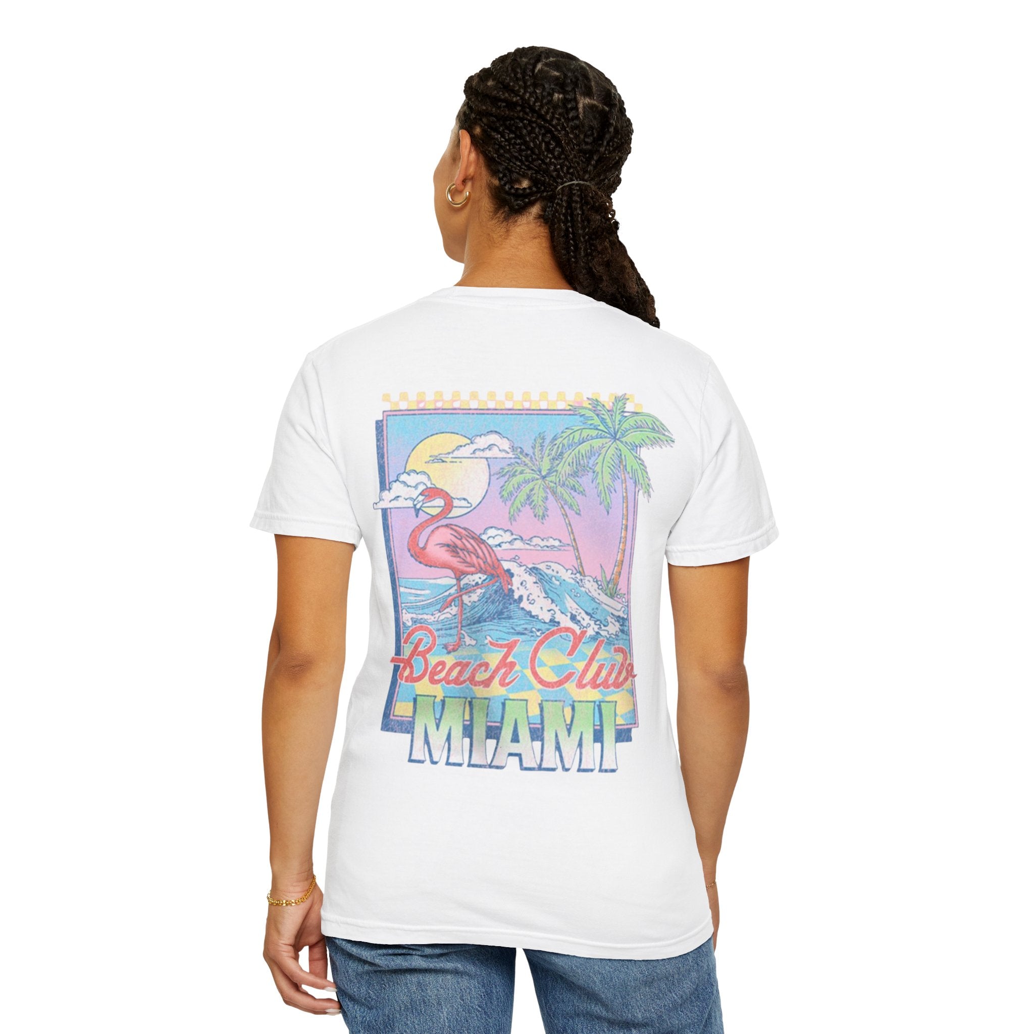 Miami Beach Club T‑Shirt — Retro Flamingo Tropical Floral Graphic Tee