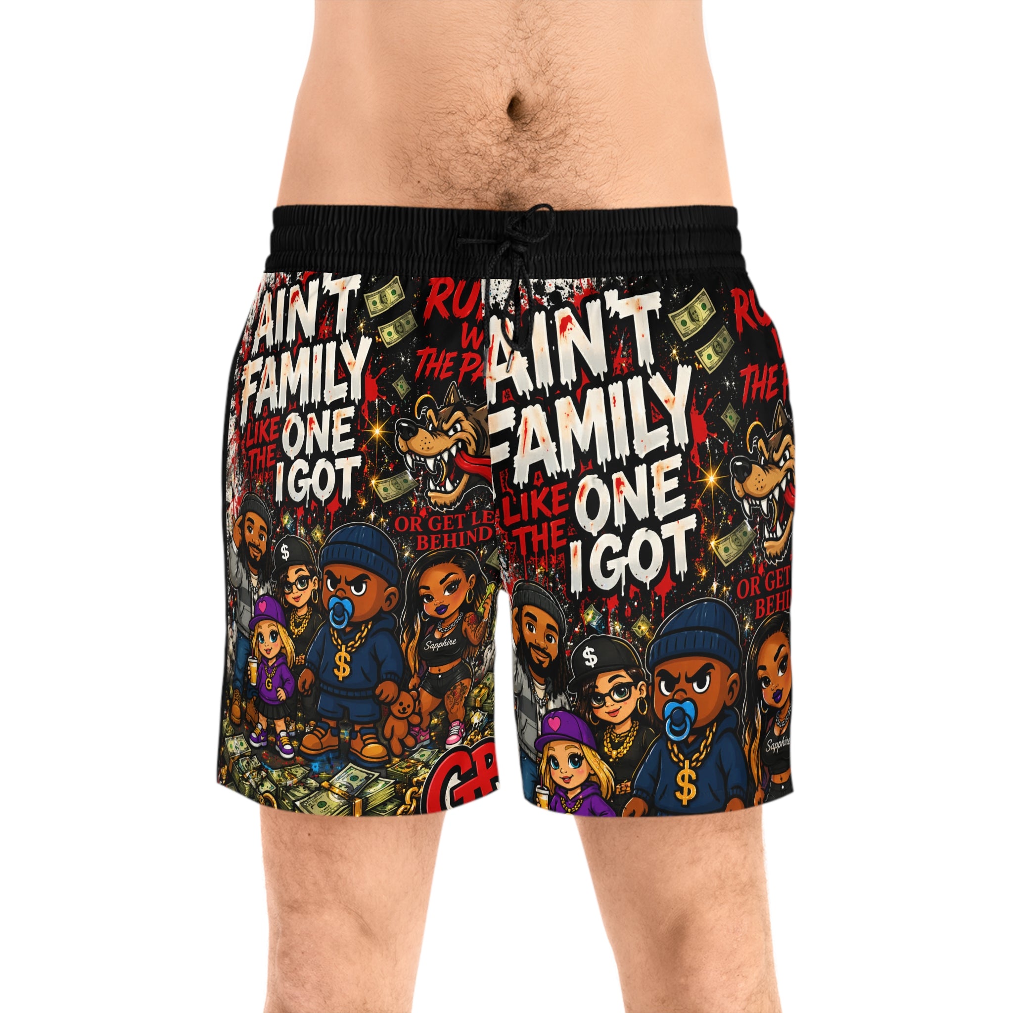 Ain't Family Swim Shorts - Bold Streetwear Cartoon All-Over Print
