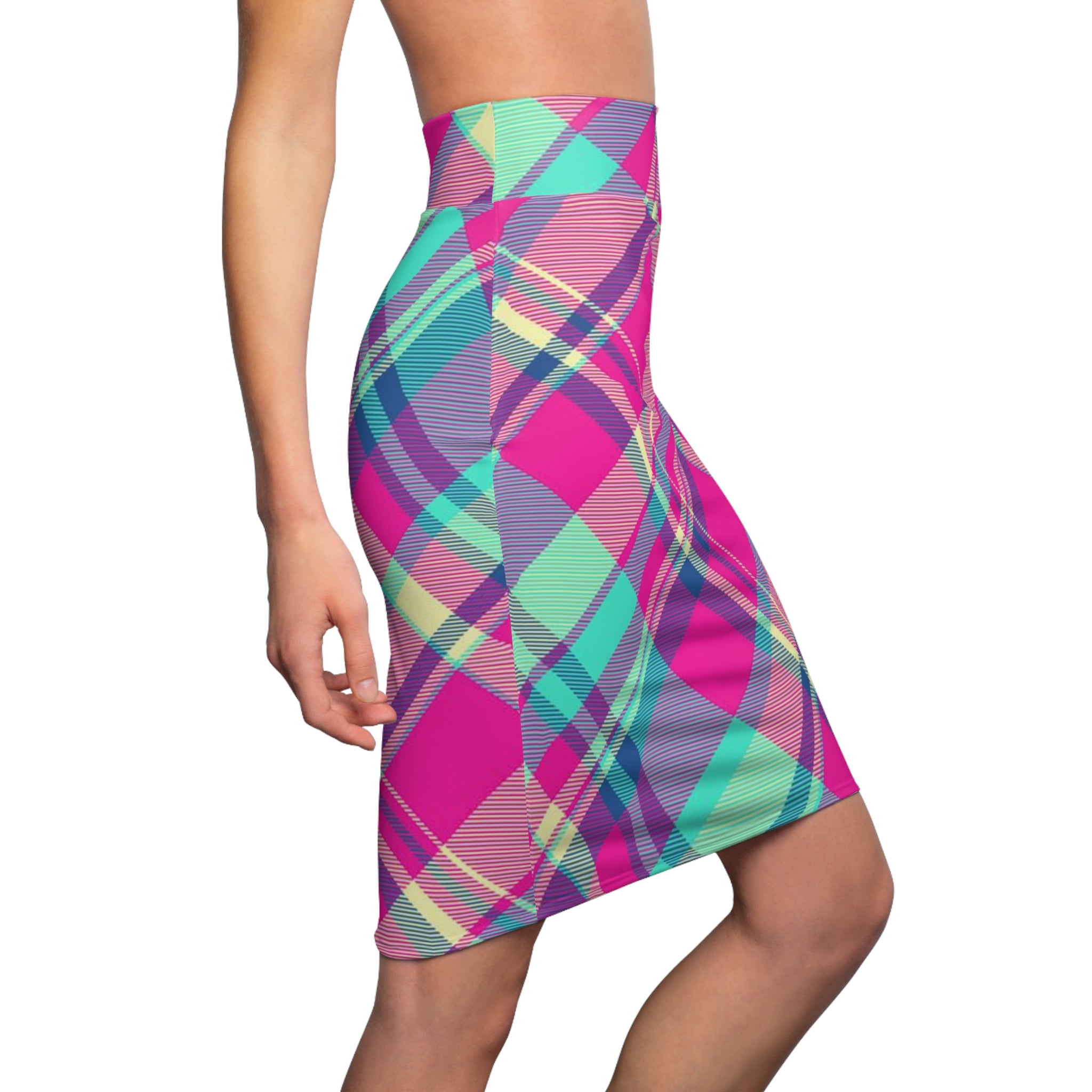 Pink Teal Plaid Pencil Skirt — Bright Plaid All-Over Print