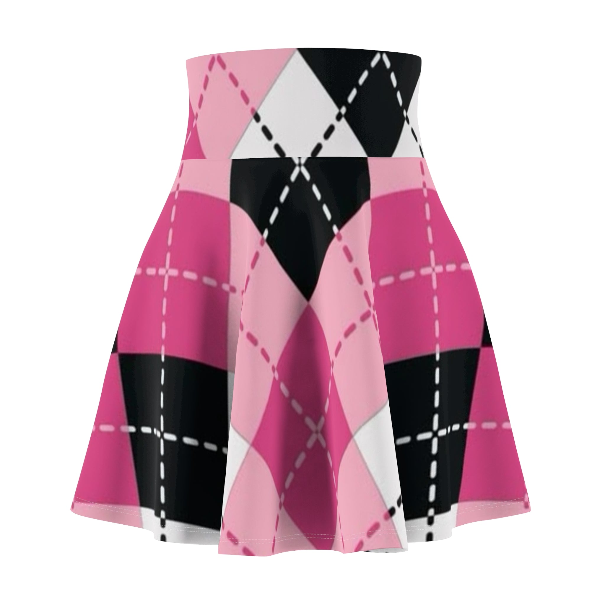 Pink Argyle Skater Skirt — Retro Plaid AOP Women's Circle Skirt