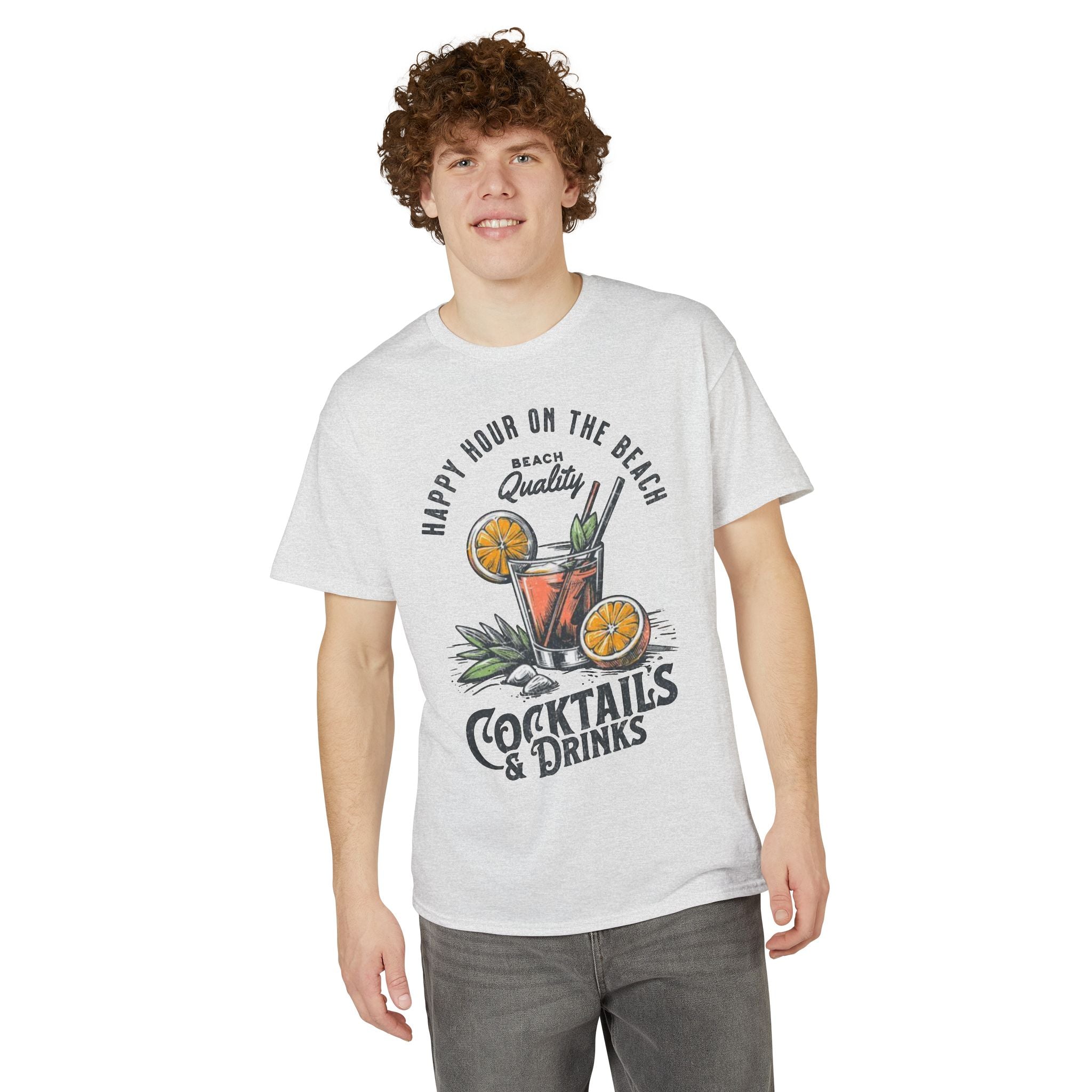 Cocktails & Drinks Beach T-Shirt — “Happy Hour on the Beach” Tropical Cocktail Tee