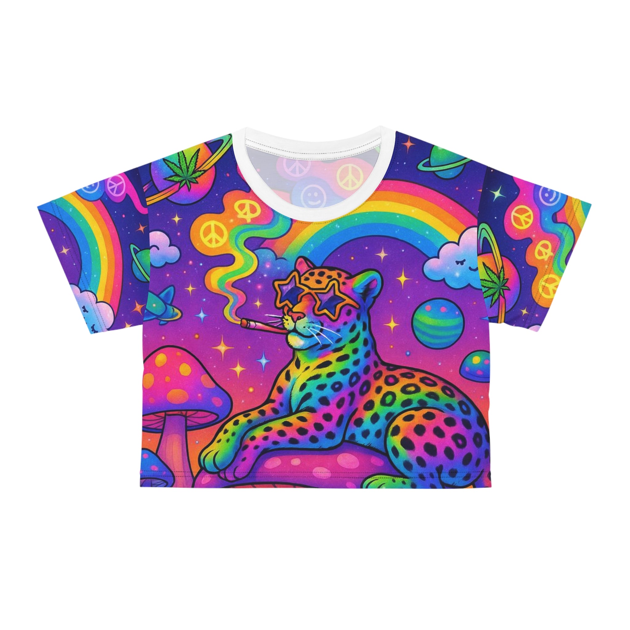 Psychedelic Rainbow Leopard Crop Tee — Retro Trippy Graphic Top