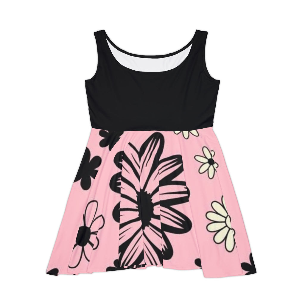 Floral Pink Skater Dress — Black & Pink Daisy Print Women's Dress