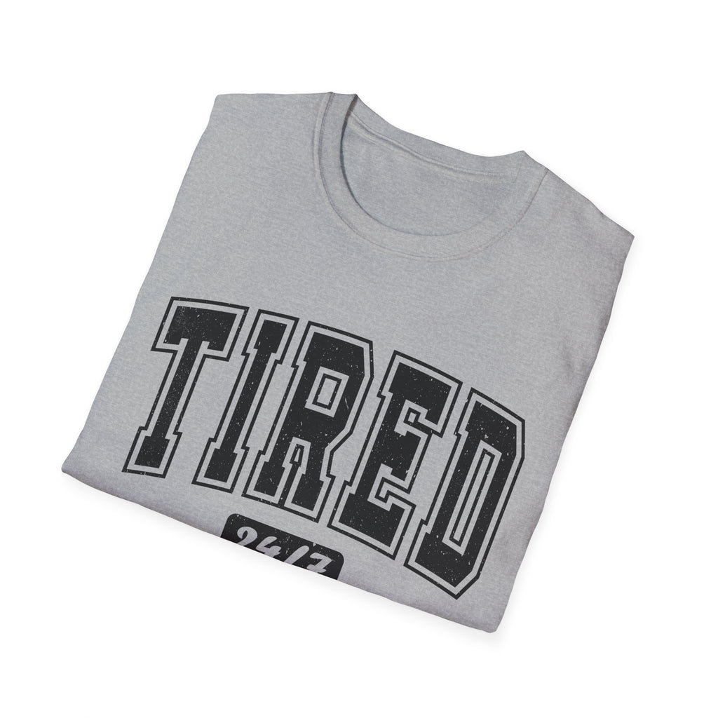 T-Shirt — 'TIRED 24/7' Vintage Varsity Graphic Tee