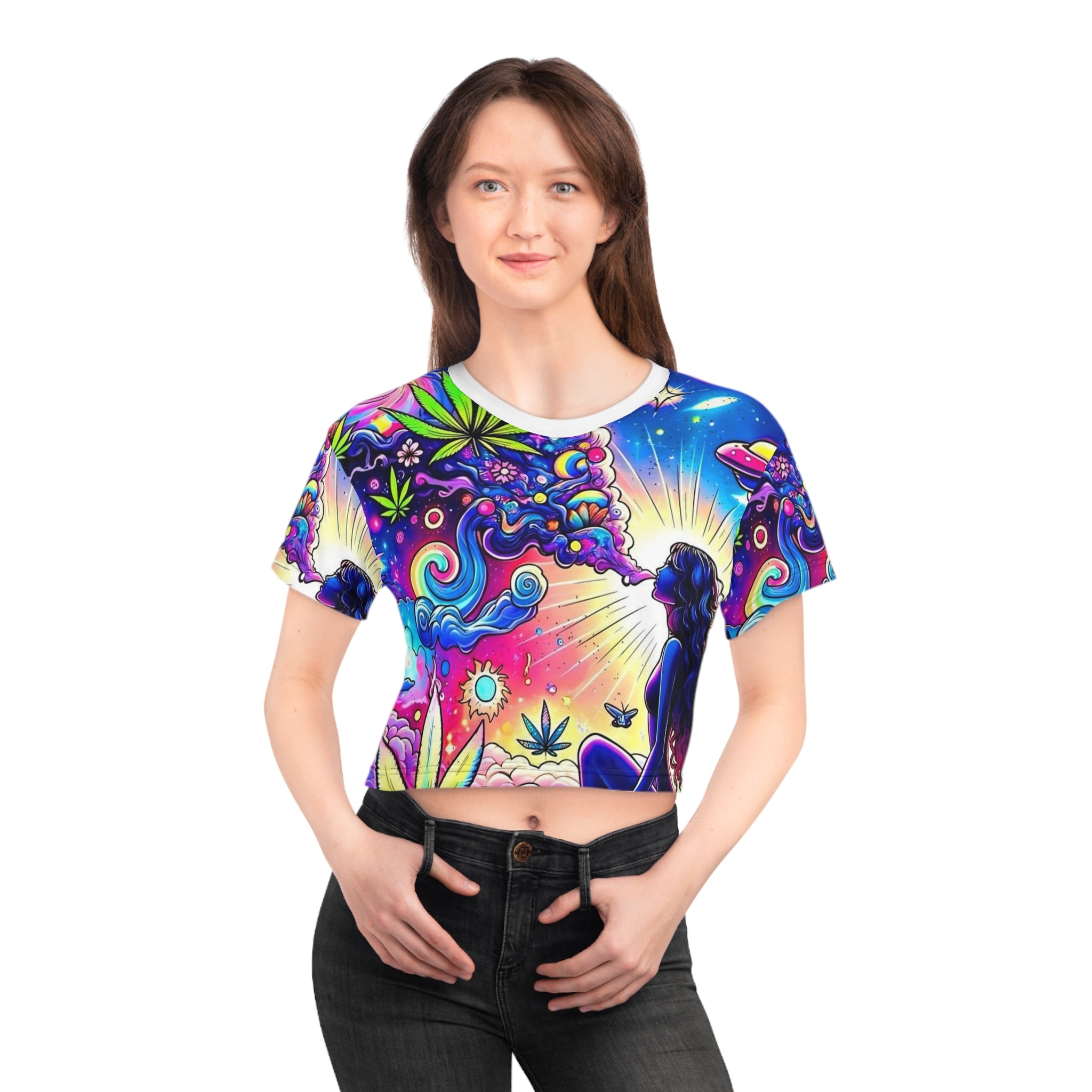 Psychedelic Cannabis Crop Tee — Colorful Trippy Goddess All-Over Print