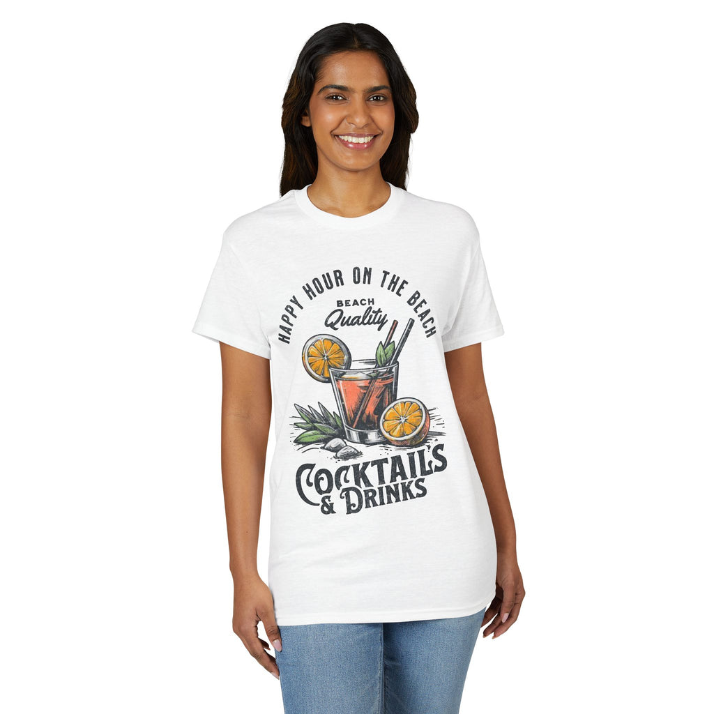 Cocktails & Drinks Beach T-Shirt — “Happy Hour on the Beach” Tropical Cocktail Tee