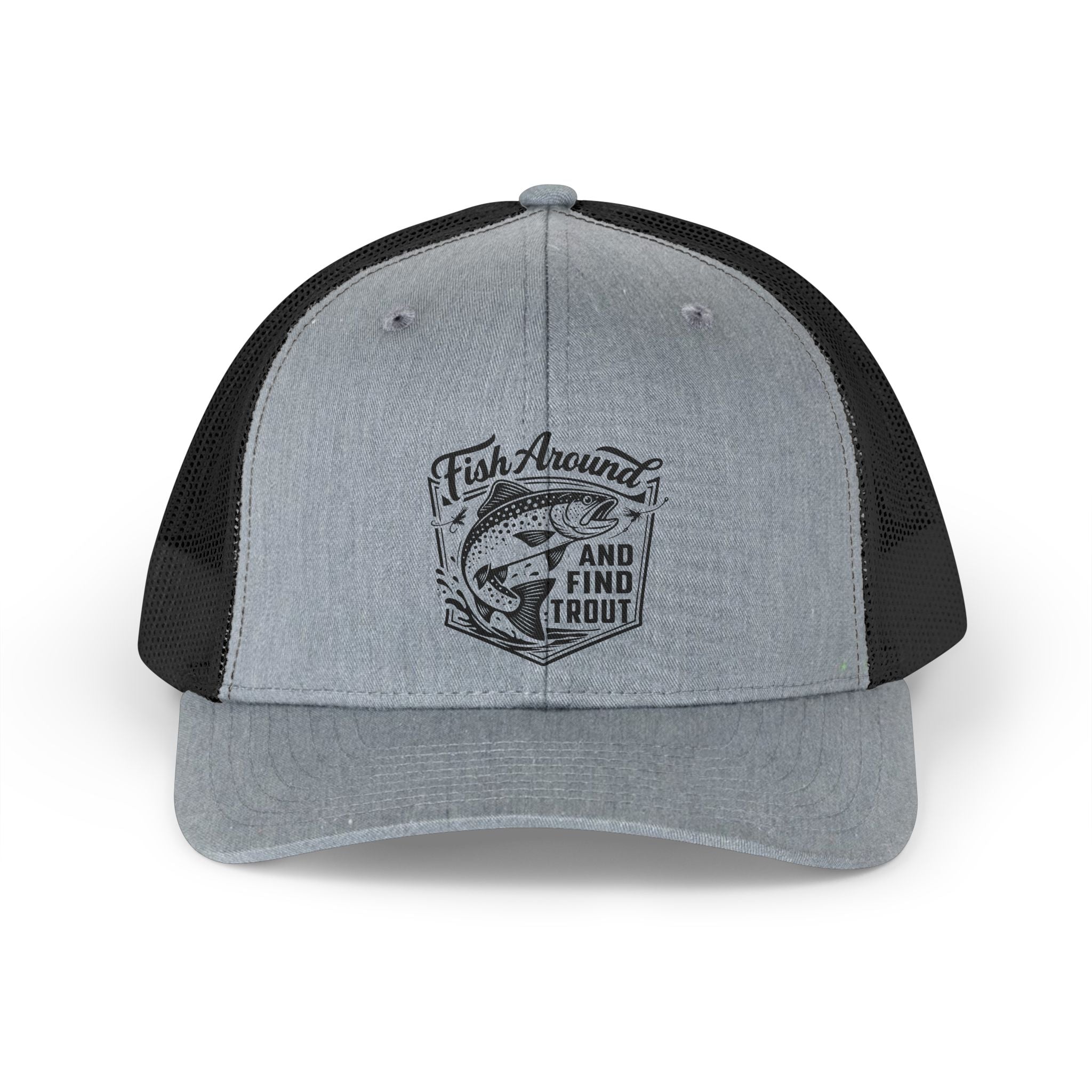 The Trucker Hat — 'Fish Round and Find Trout' Retro Fishing Cap features a gray and black mesh design with a front patch showing a fish and slogan, making it the perfect stylish fishing hat for anglers’ outdoor adventures.