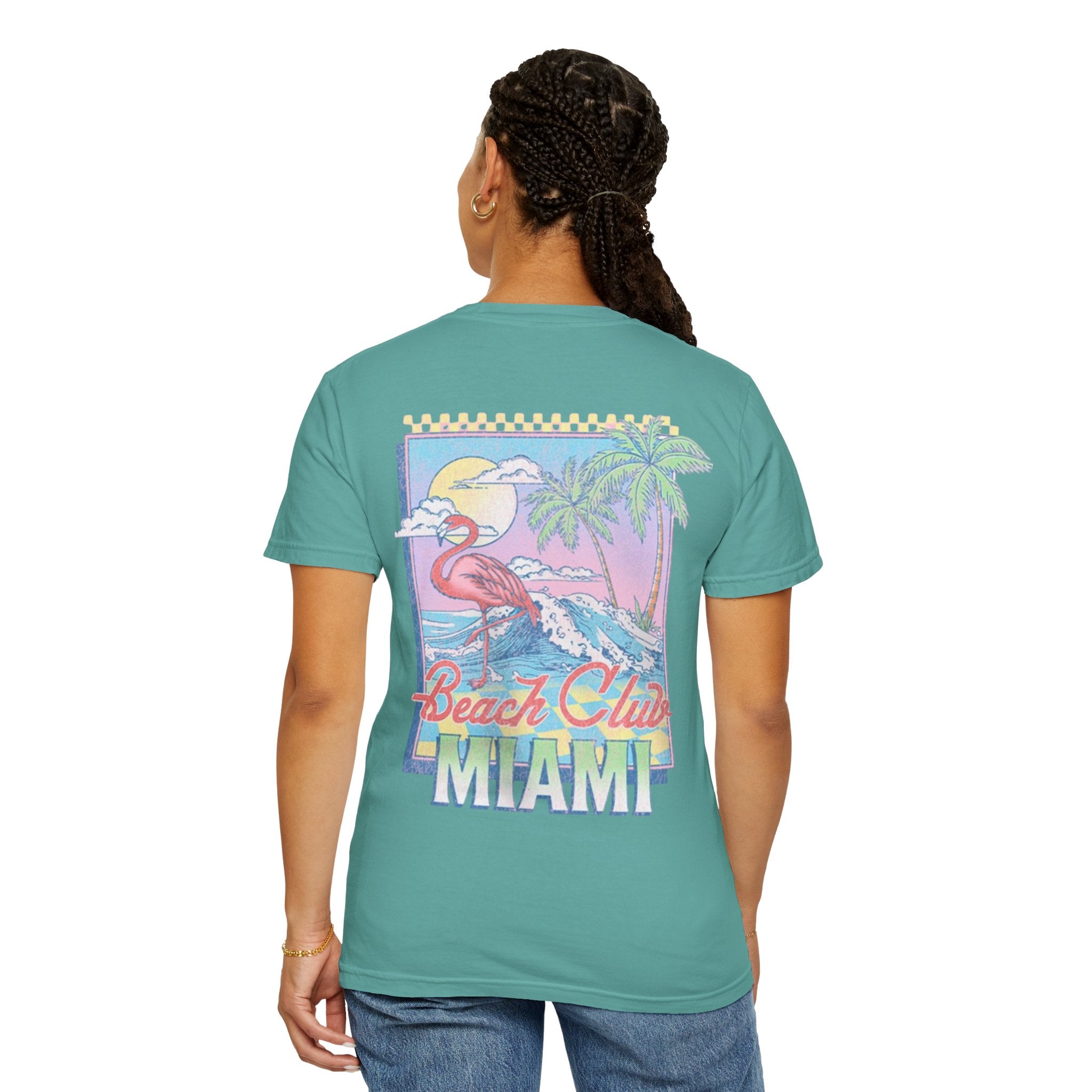 Miami Beach Club T‑Shirt — Retro Flamingo Tropical Floral Graphic Tee