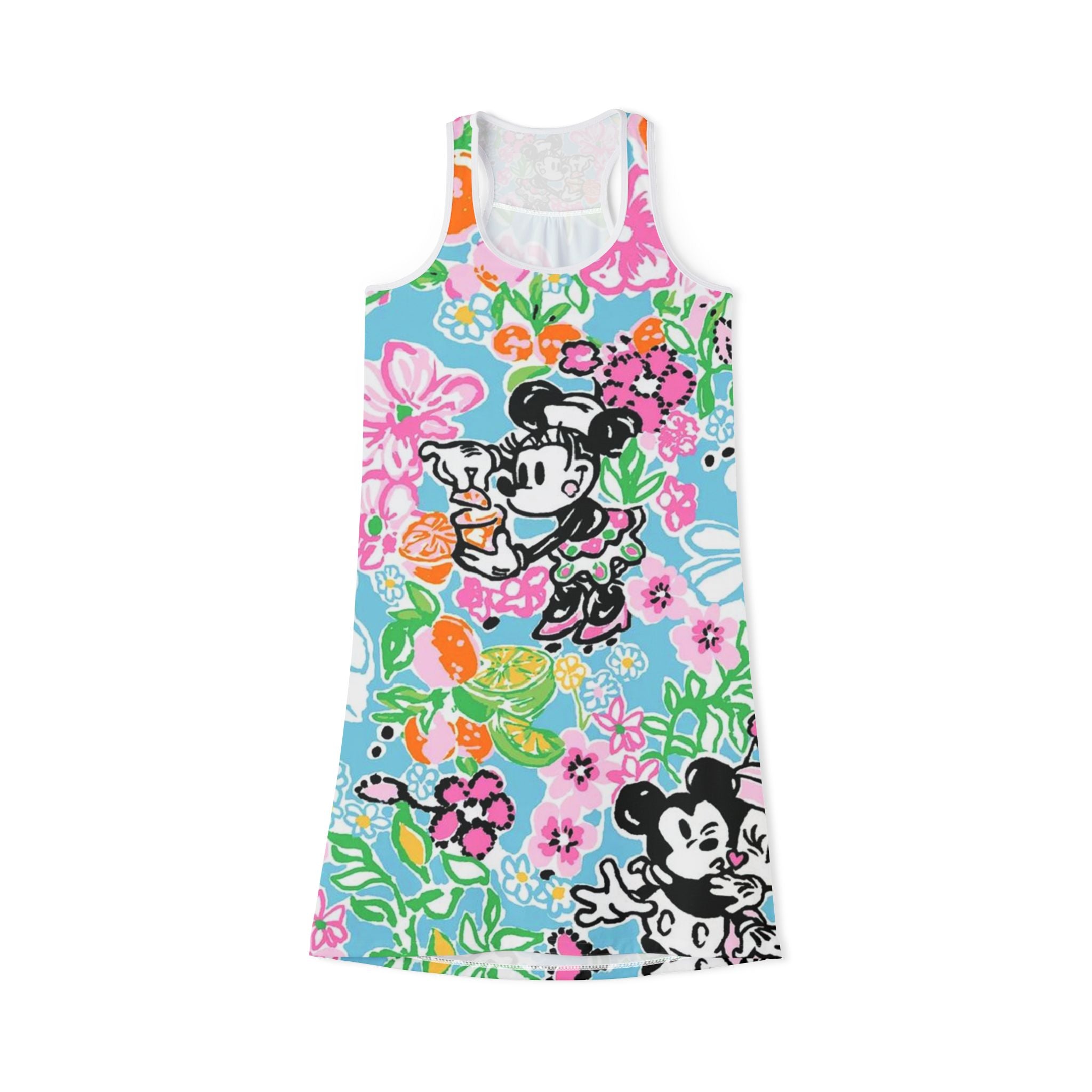 Floral Vintage Cartoon Racerback Dress — Retro Mickey & Minnie All-Over Print