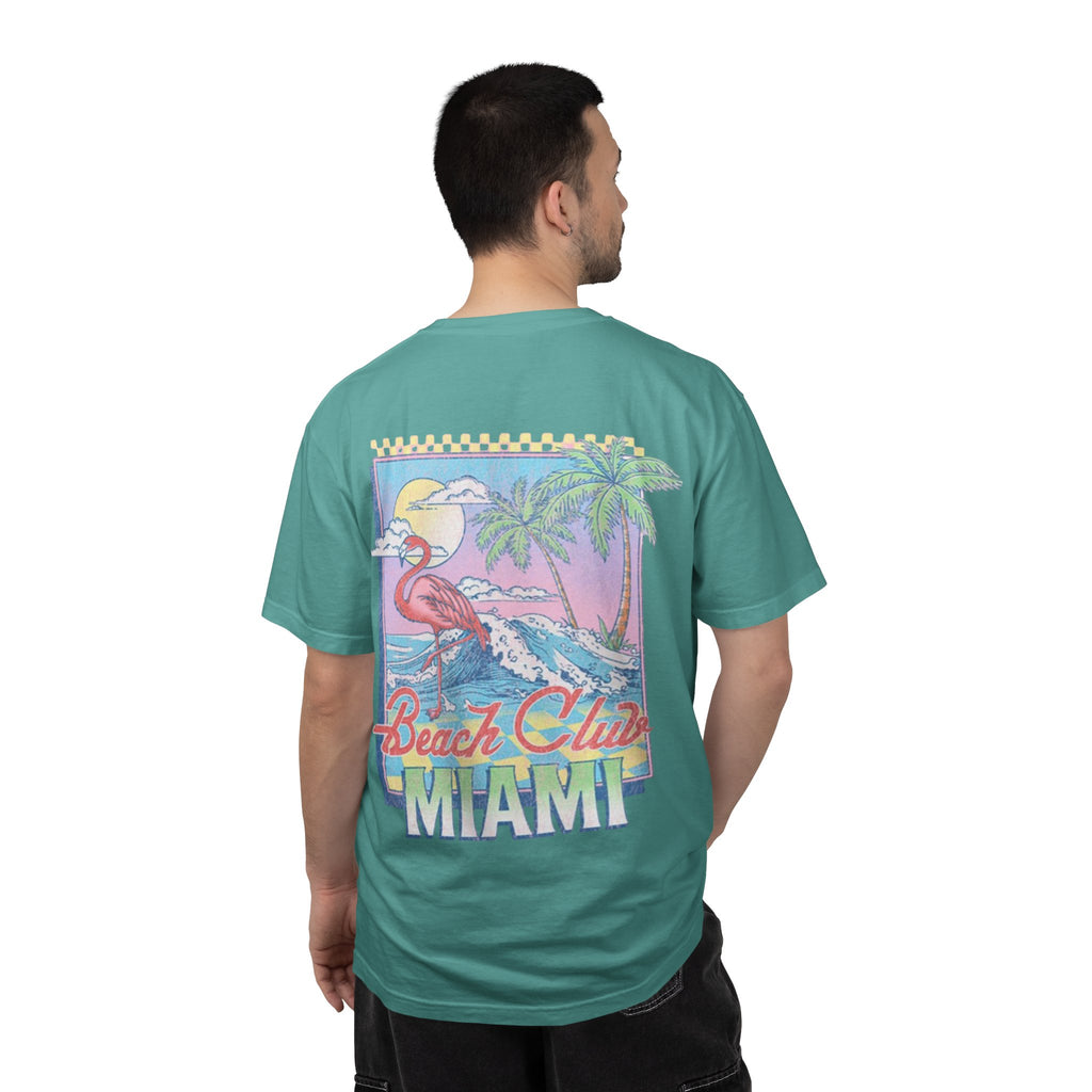 Miami Beach Club T‑Shirt — Retro Flamingo Tropical Floral Graphic Tee