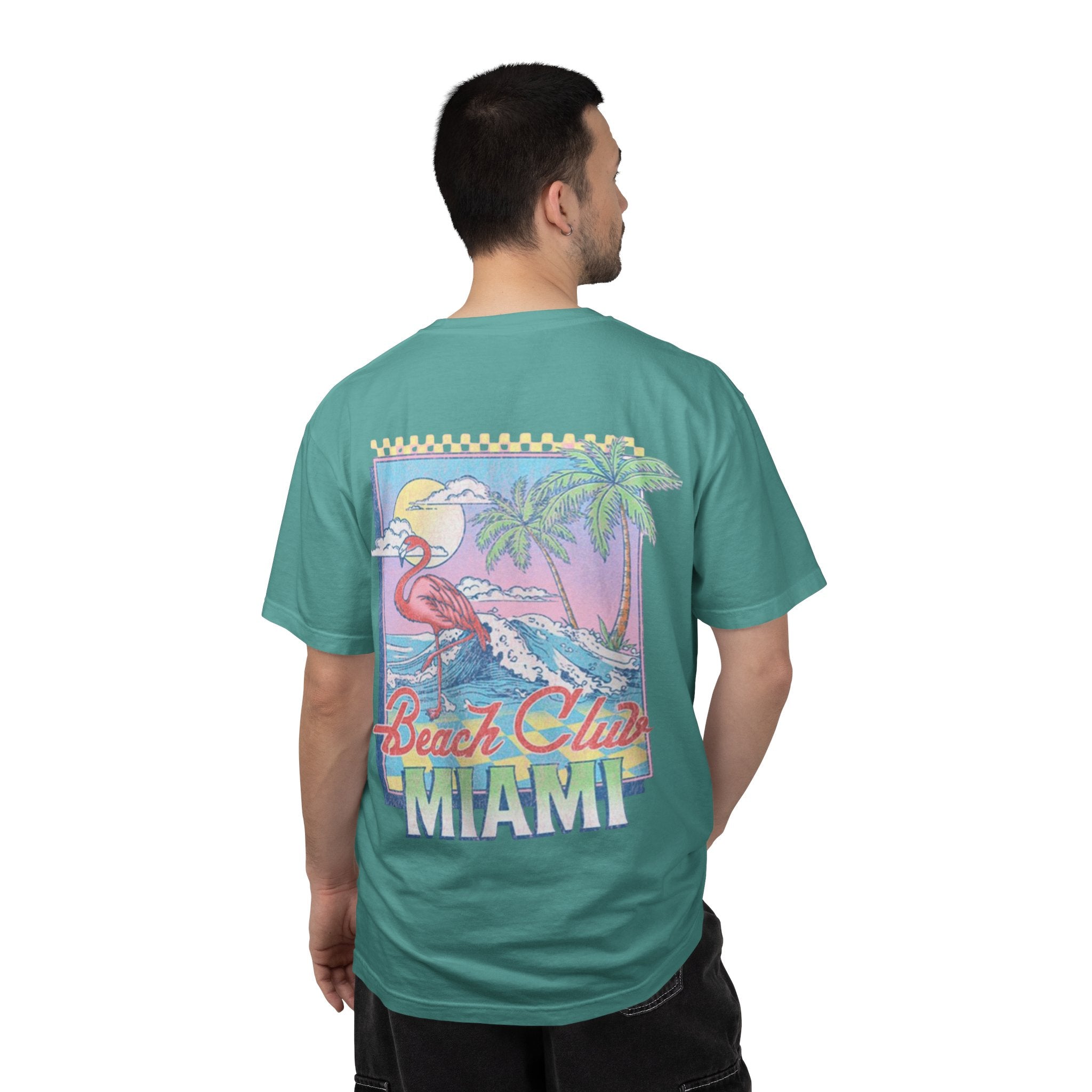 Miami Beach Club T‑Shirt — Retro Flamingo Tropical Floral Graphic Tee