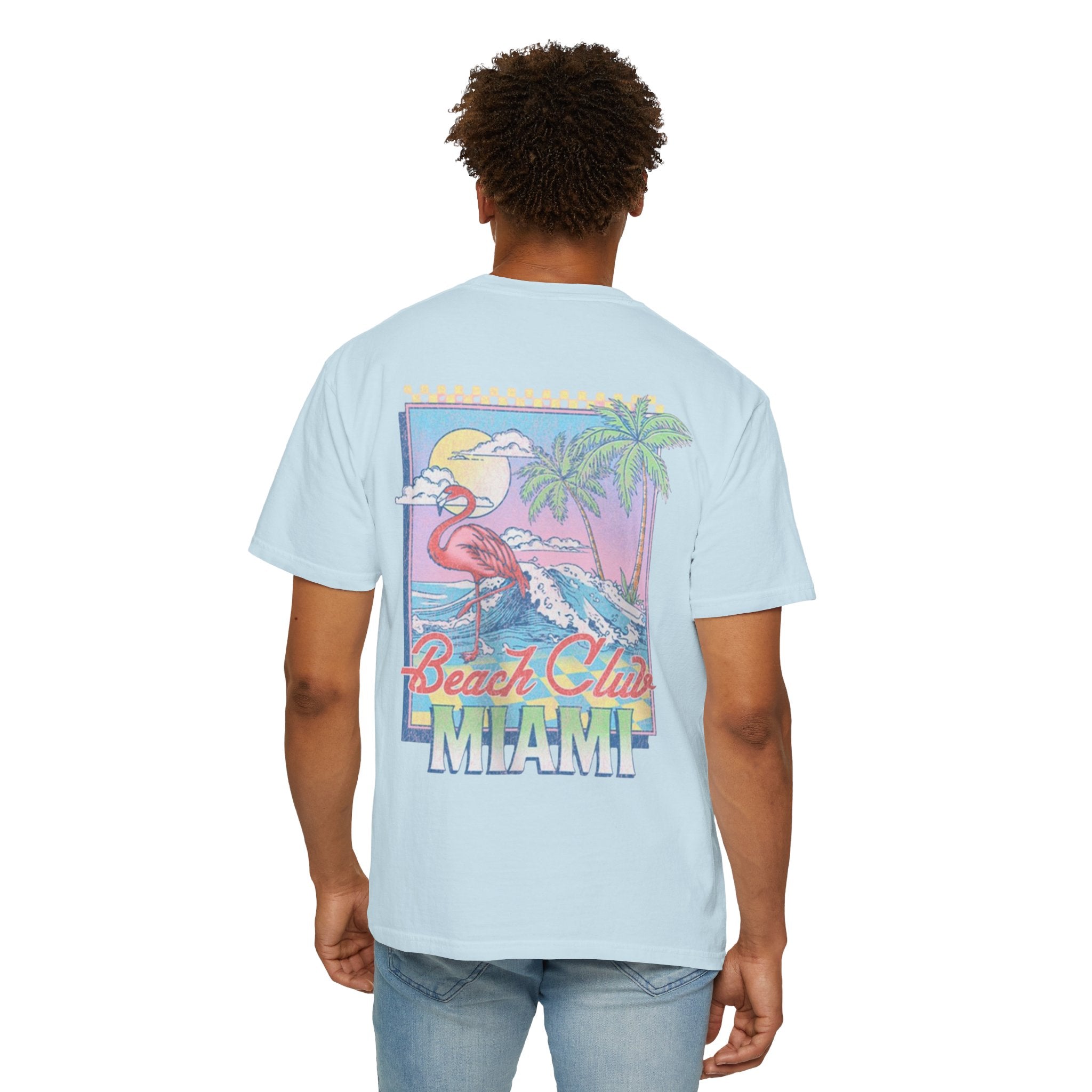 Miami Beach Club T‑Shirt — Retro Flamingo Tropical Floral Graphic Tee