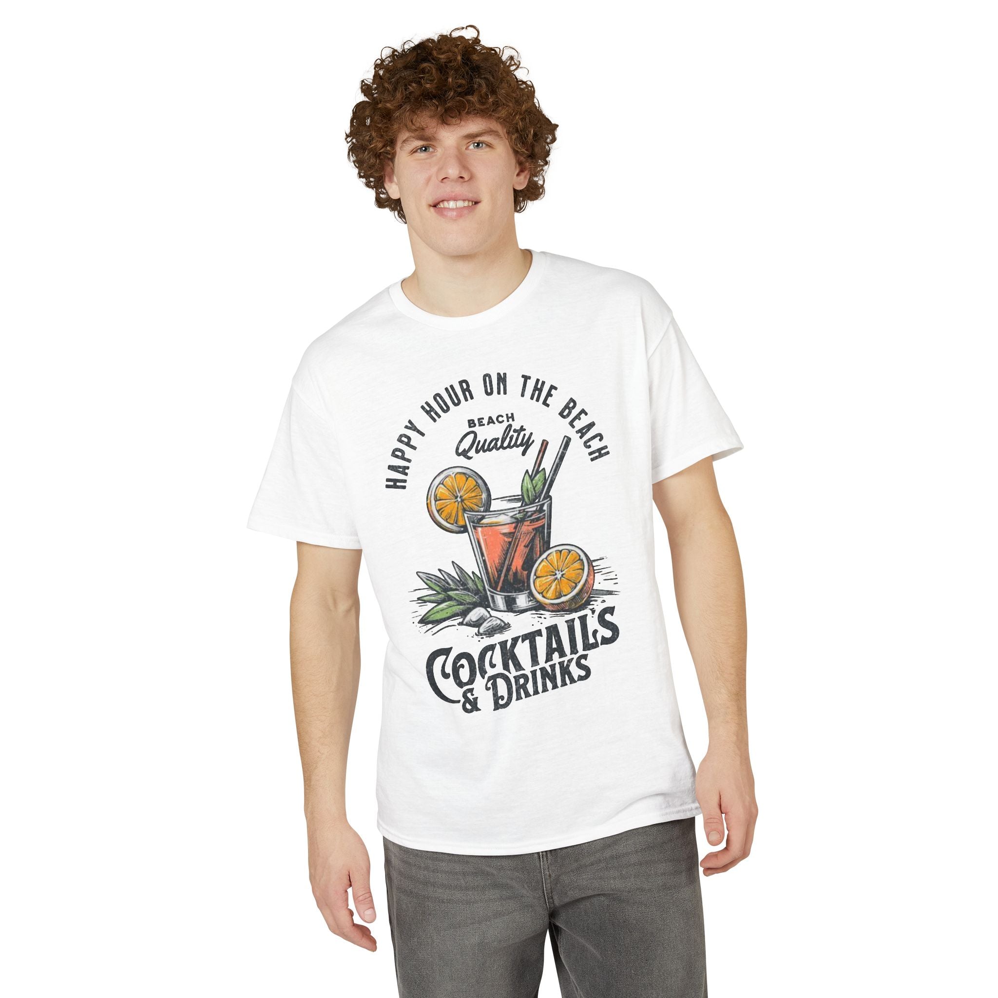Cocktails & Drinks Beach T-Shirt — “Happy Hour on the Beach” Tropical Cocktail Tee