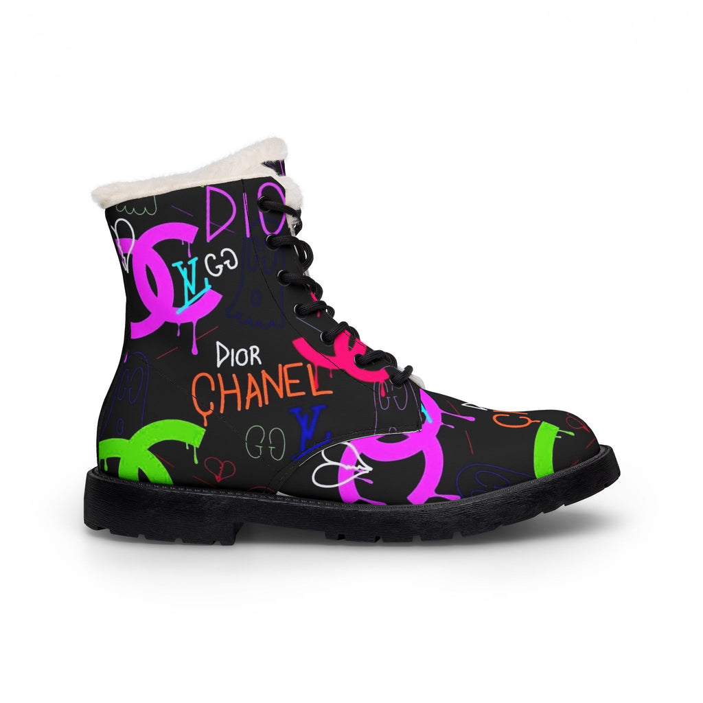 Graffiti Logo Fur-Lined Leather Boots — Colorful Designer-Inspired Women’s Winter Boots
