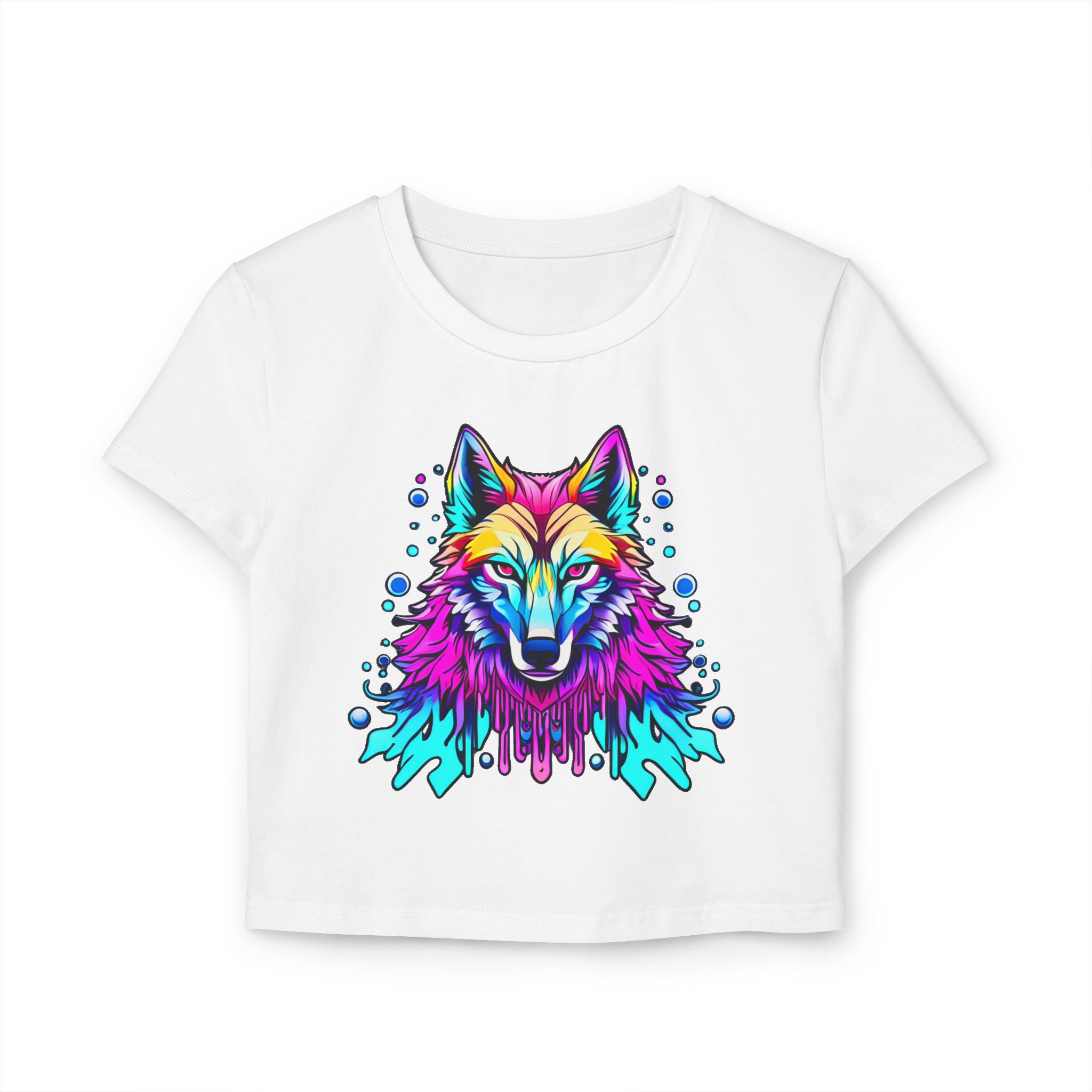 Colorful Wolf Women's Baby Tee — Vibrant Neon Wolf Graphic Crop Shirt