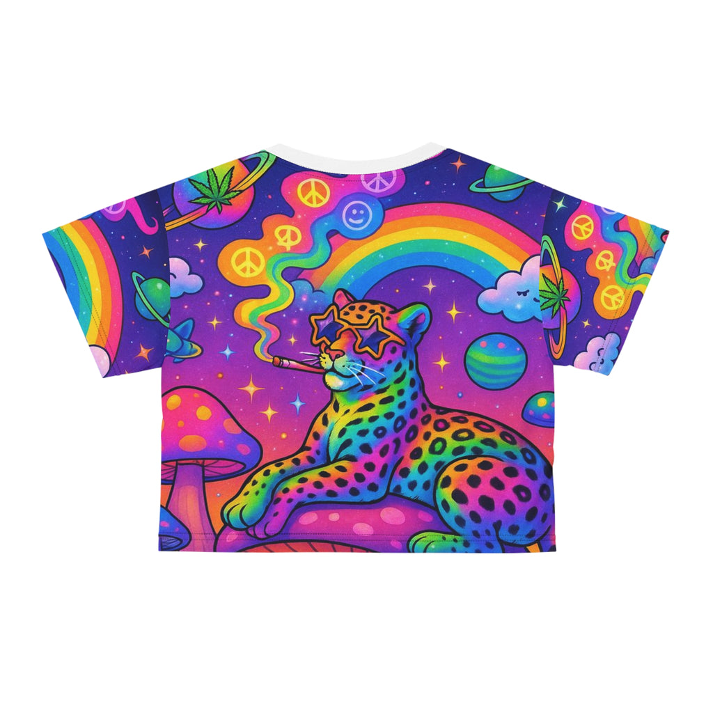 Psychedelic Rainbow Leopard Crop Tee — Retro Trippy Graphic Top