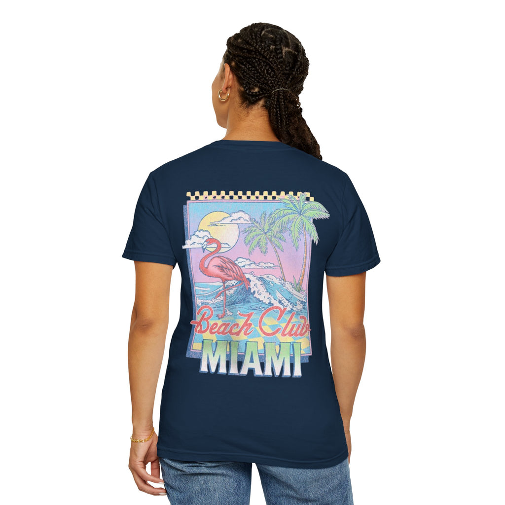 Miami Beach Club T‑Shirt — Retro Flamingo Tropical Floral Graphic Tee