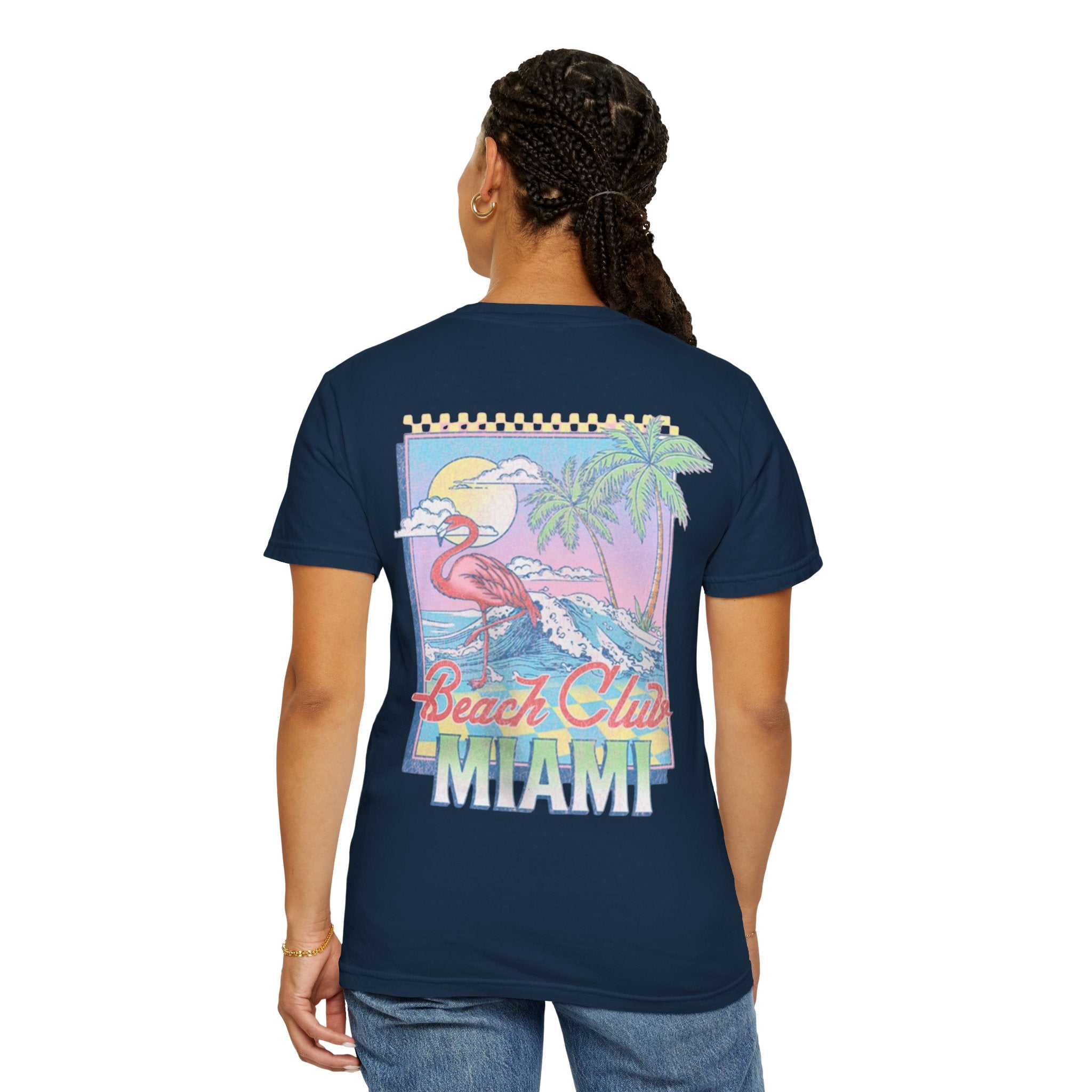 Miami Beach Club T‑Shirt — Retro Flamingo Tropical Floral Graphic Tee
