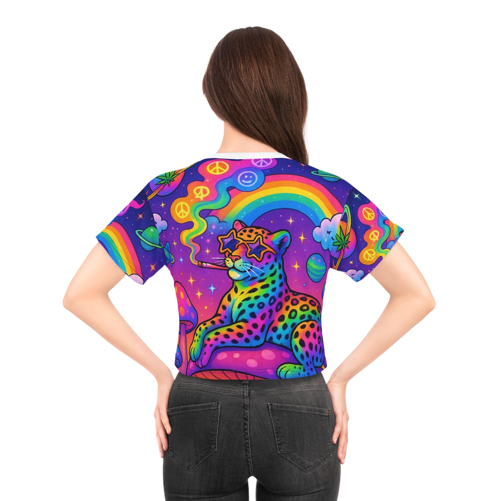 Psychedelic Rainbow Leopard Crop Tee — Retro Trippy Graphic Top
