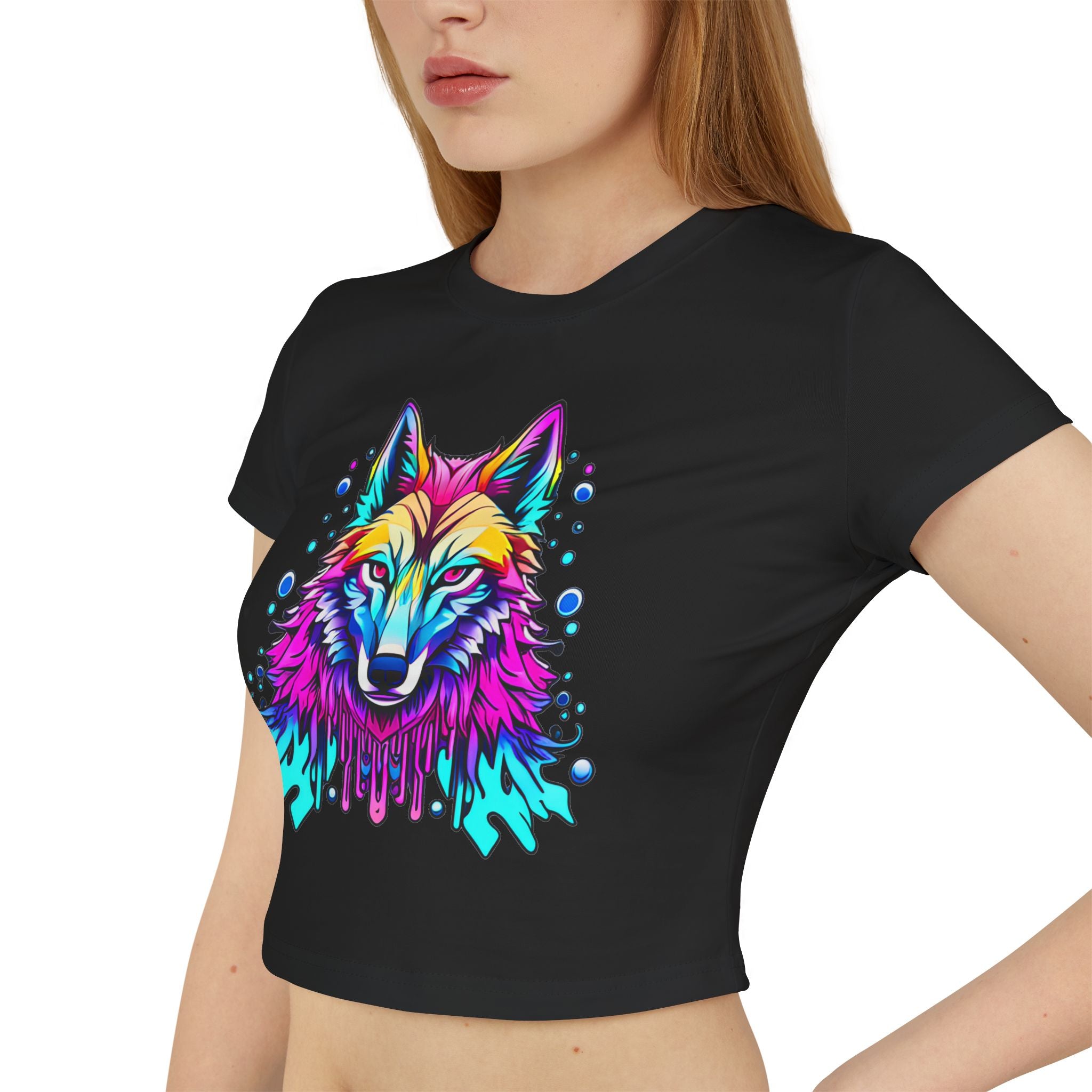 Colorful Wolf Women's Baby Tee — Vibrant Neon Wolf Graphic Crop Shirt
