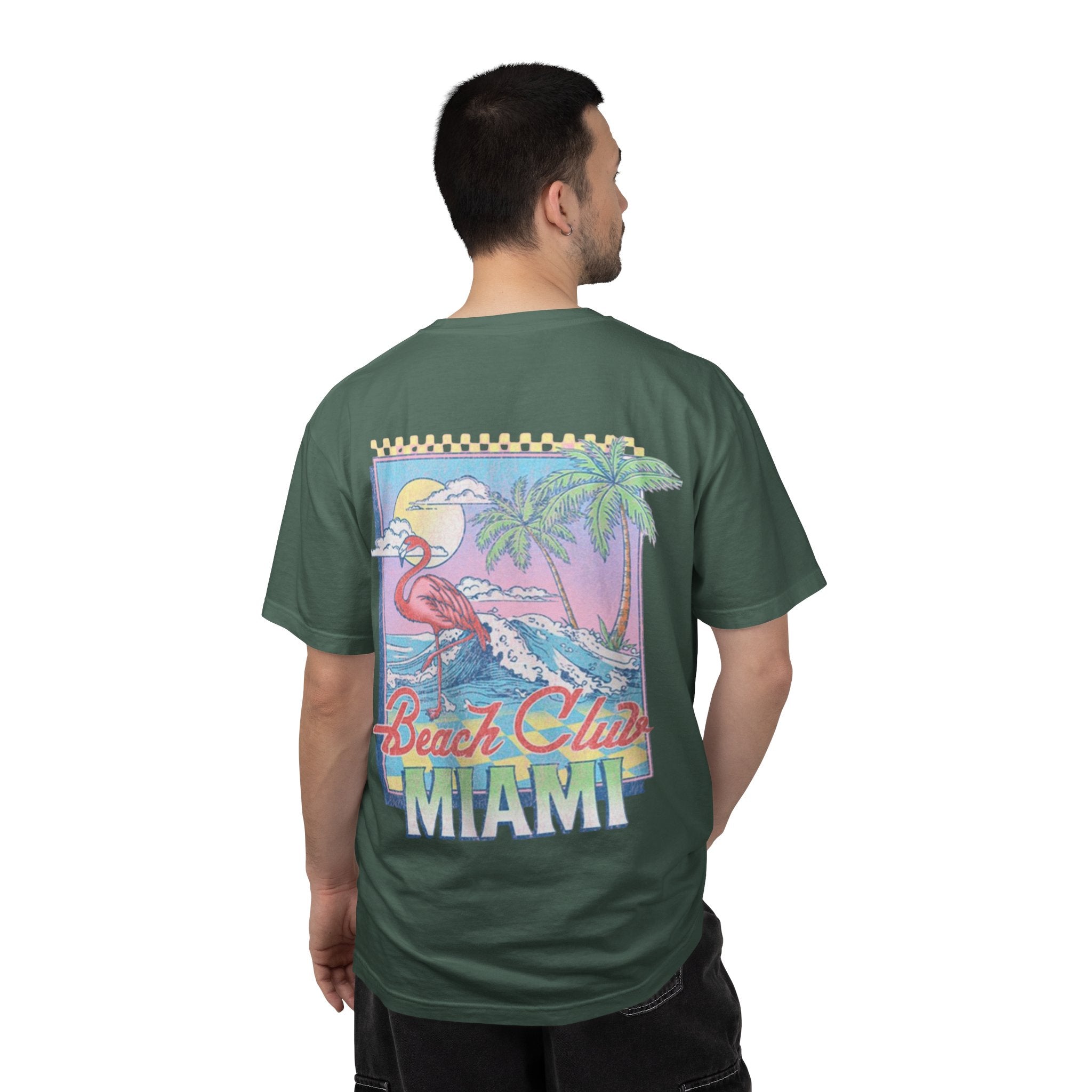 Miami Beach Club T‑Shirt — Retro Flamingo Tropical Floral Graphic Tee