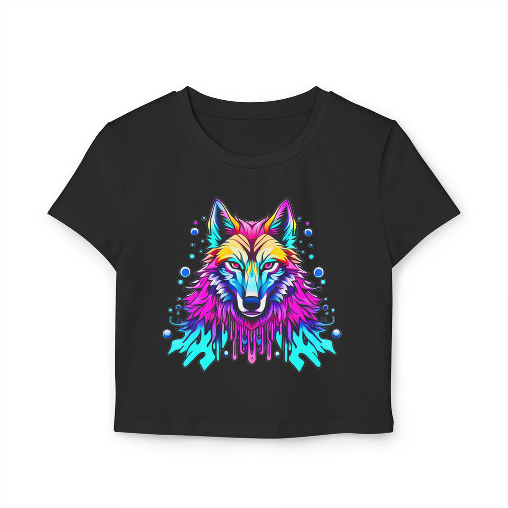Colorful Wolf Women's Baby Tee — Vibrant Neon Wolf Graphic Crop Shirt