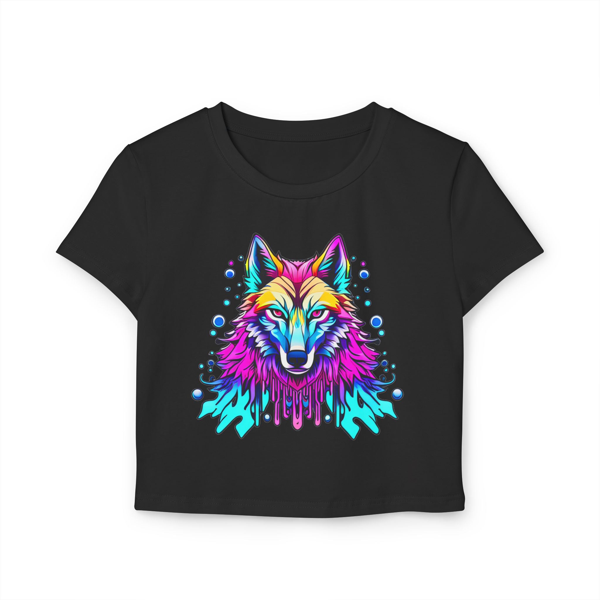 Colorful Wolf Women's Baby Tee — Vibrant Neon Wolf Graphic Crop Shirt