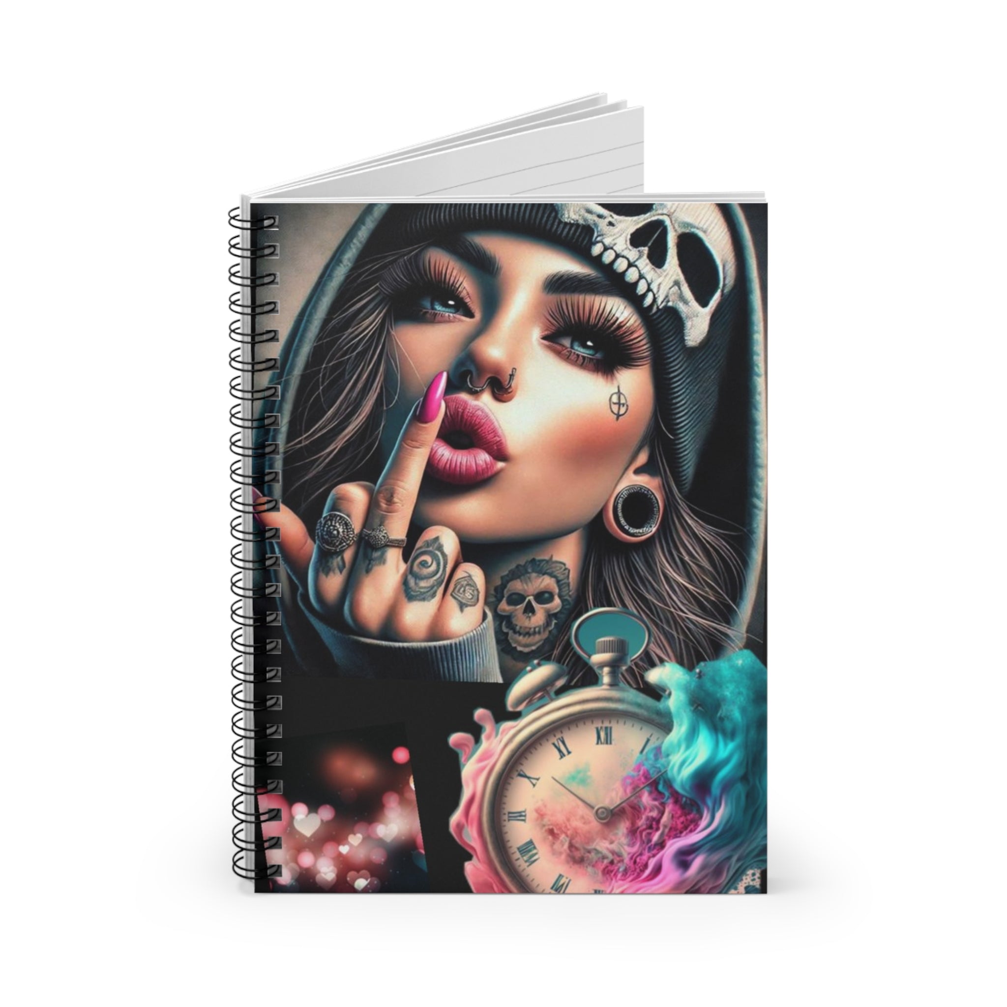 Edgy Skull Girl Spiral Notebook — Ruled Journal with Tattoo Clock Design